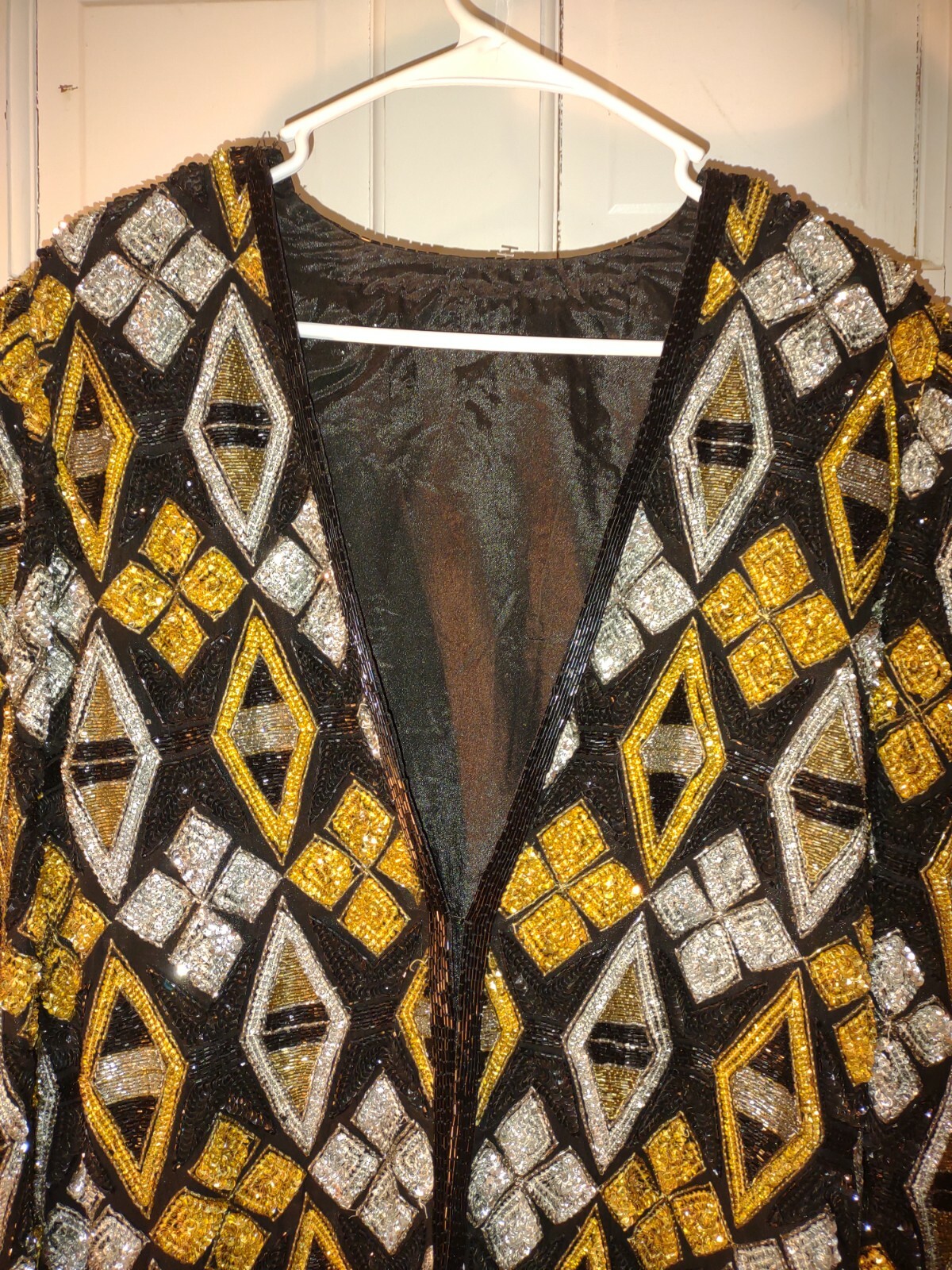 Vintage 90s Black and Gold Sequin Jacket, Embellished Cardigan – Sz M (see meas.