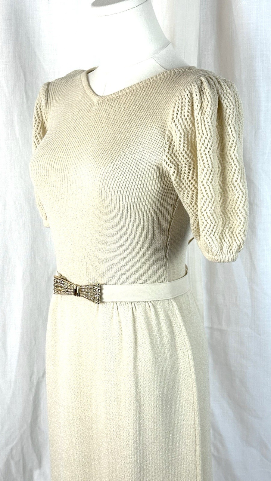 Vintage 80’s St. John Knits Cream Sweater Dress With Rhinestone Belt Luxury Sz 8
