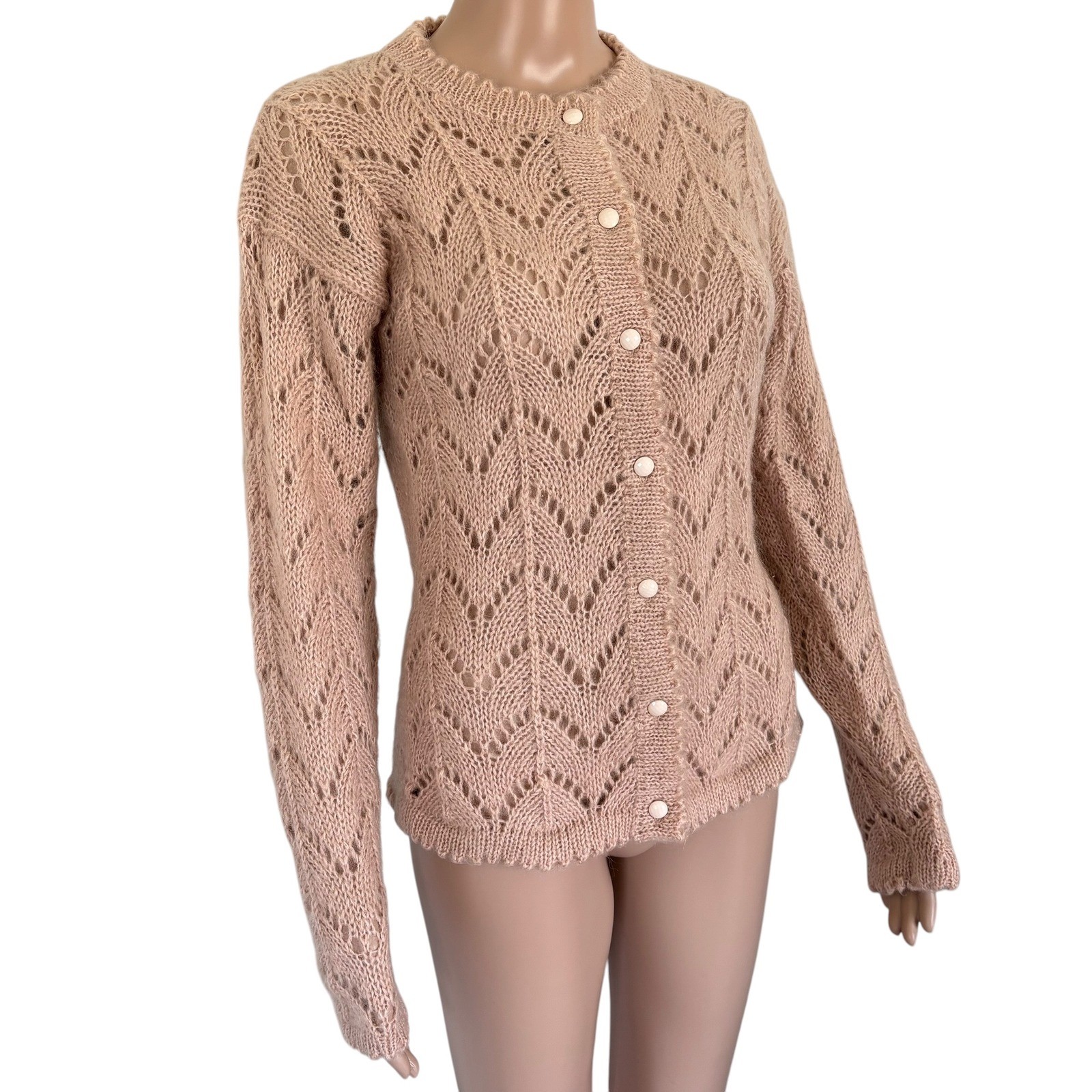 JG Hook Vintage Mohair Blend Pointelle Chevron Knit Cardigan Sweater Tan Pink S