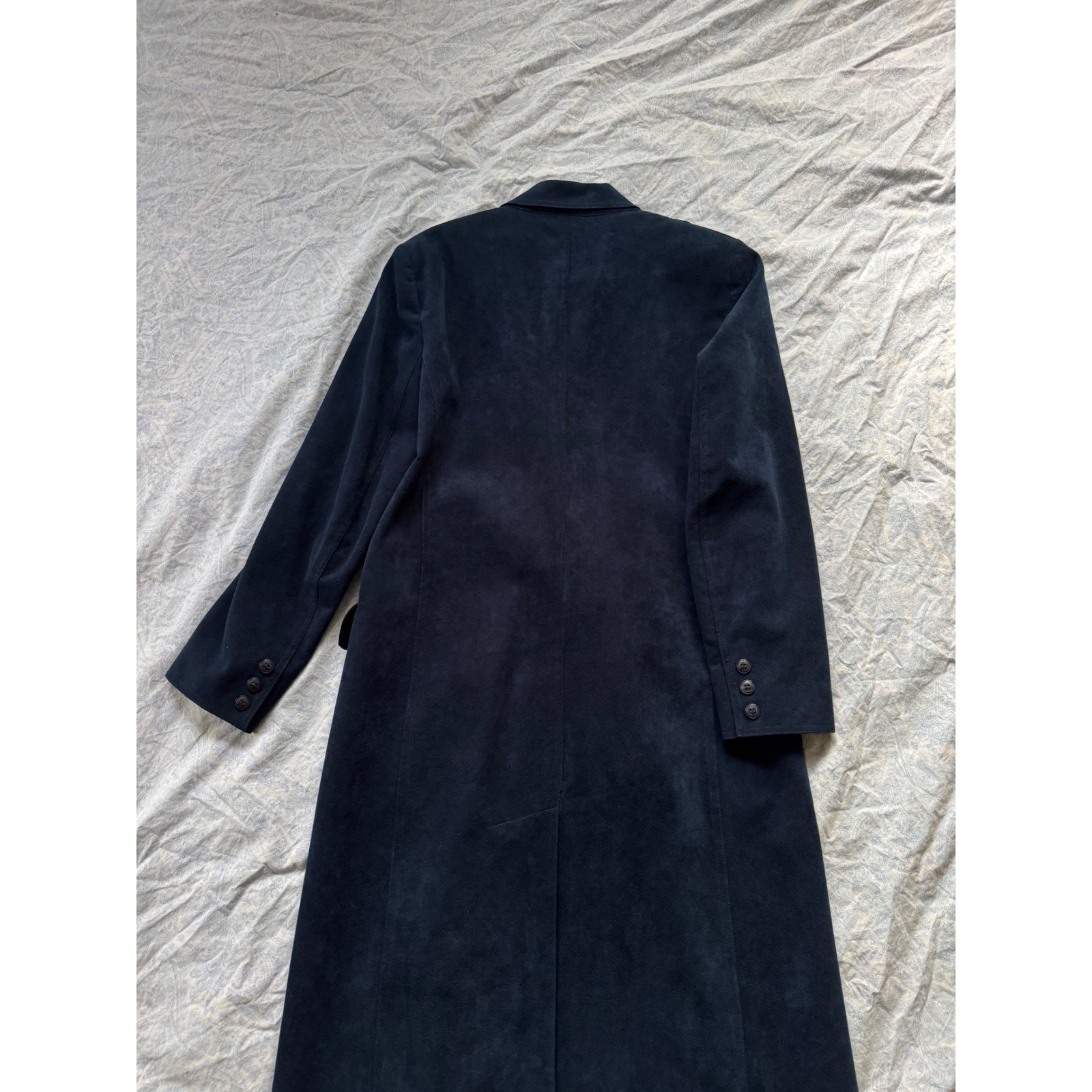 Vintage Navy Suede Leather Maxi Coat Women’s Size M Double Breasted Long Trench