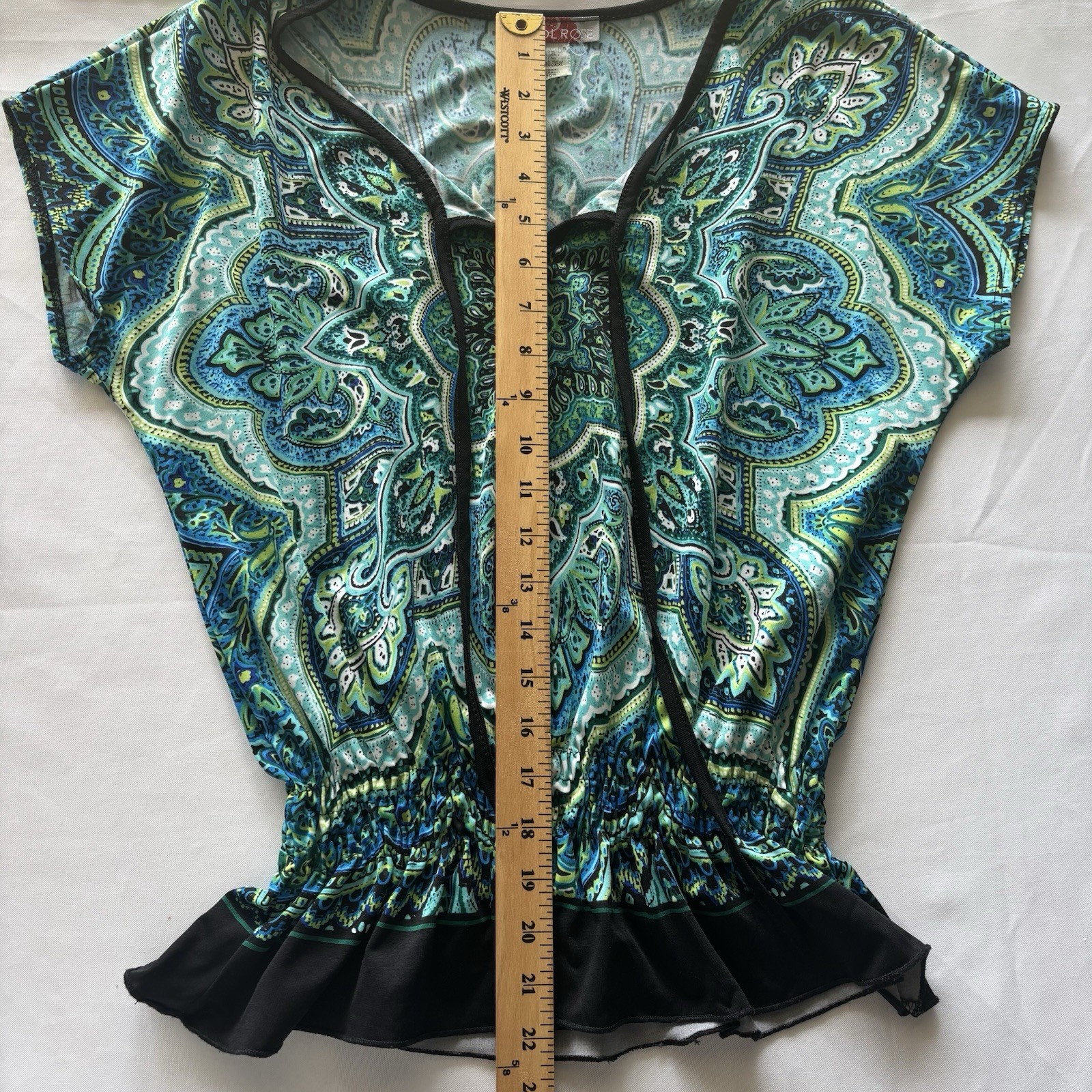 Vtg Carol Rose Peplum Top Blouse Petite Med Teal Lime Black Paisley Boho Peasant