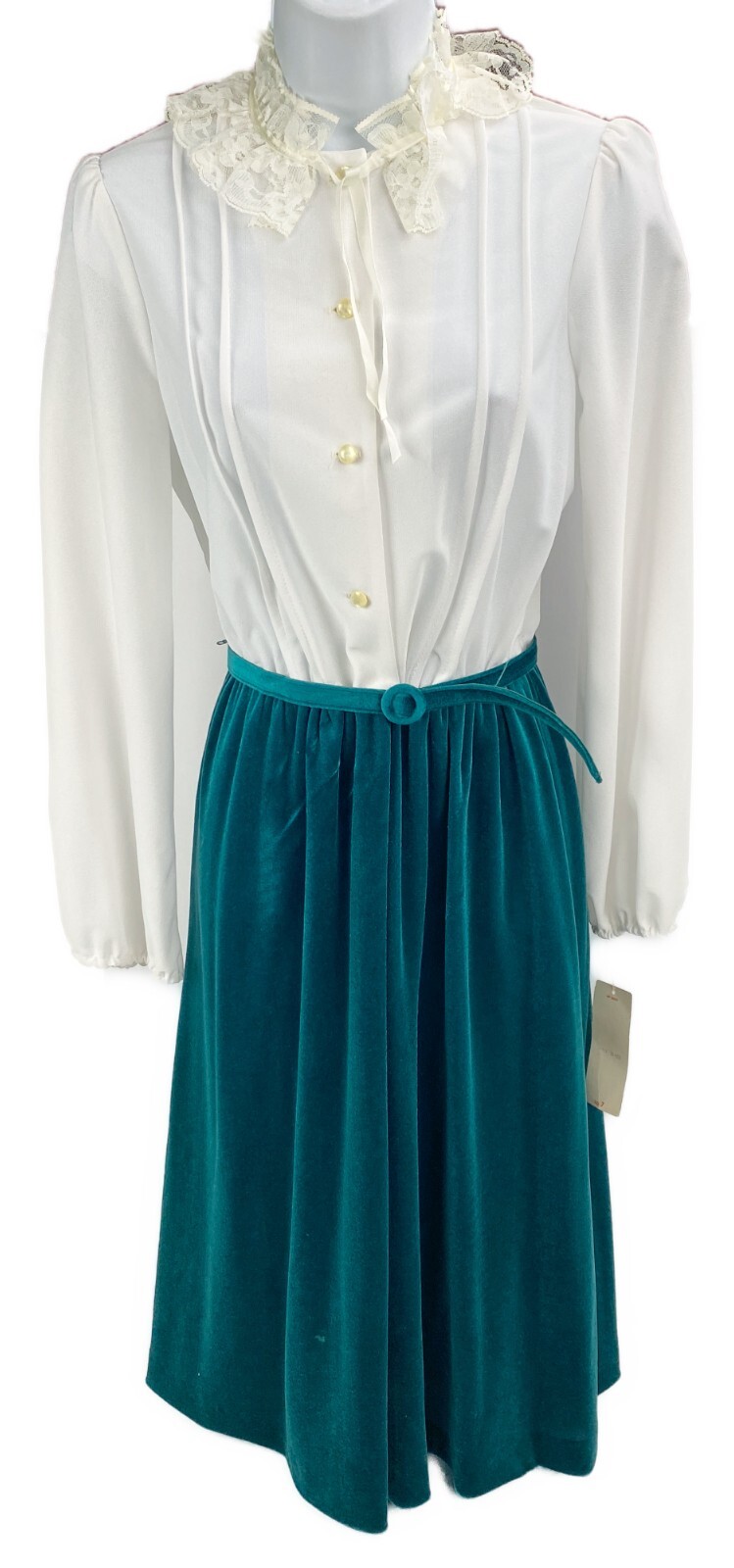 Junior 7 pbj Belted Dress Green Velvet Semi Sheer Top Vtg 70s Church Secretary