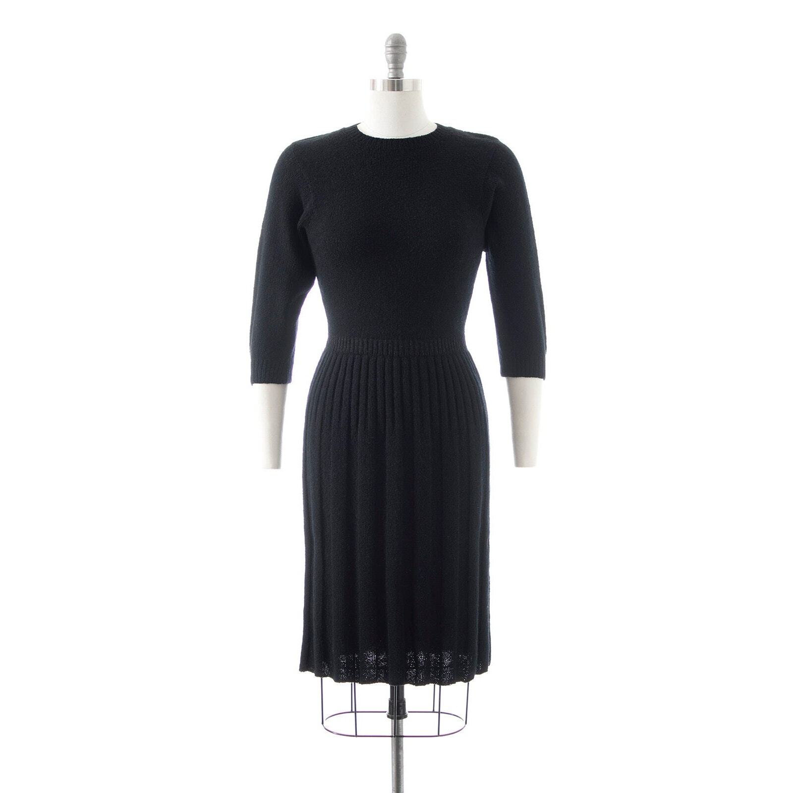 Vintage 1940s 1950s Sweater Dress Black Knit Wool Stretchy Sheath Pin Up Wiggle