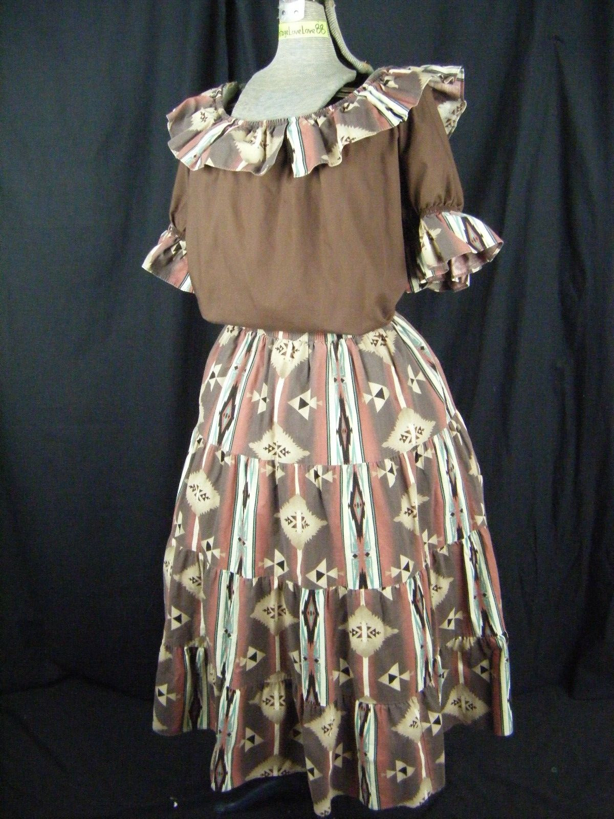 SQUARE UP Vtg Brown Southwestern Square Dancing Top & Skirt-Bust 50/Waist 32
