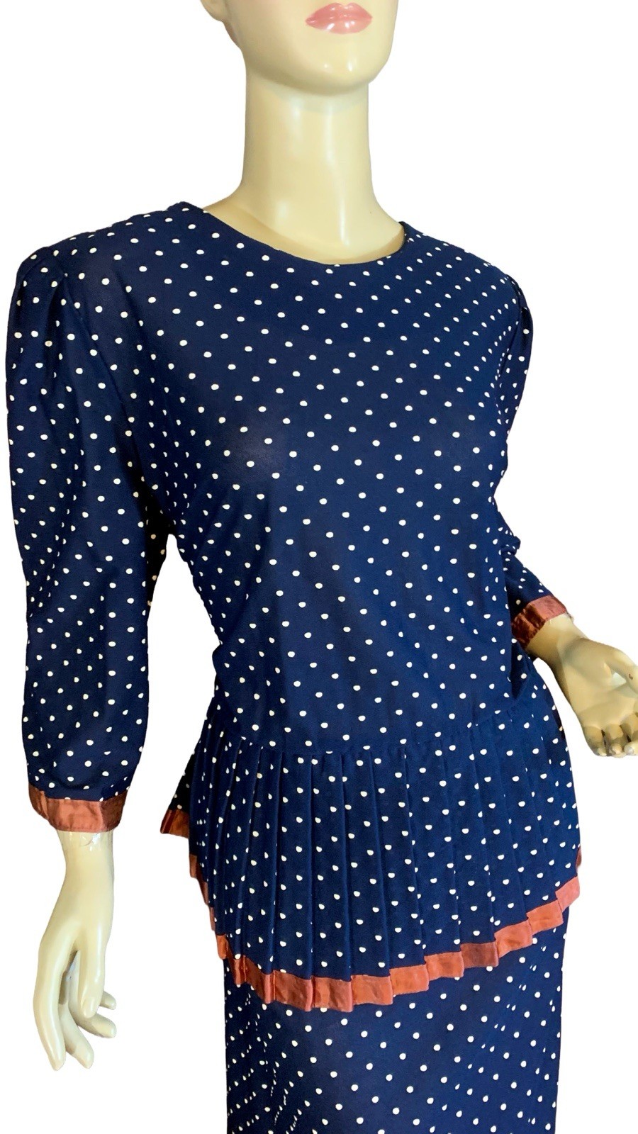 VINTAGE CIRCA 1980’S CARLY CIRCLE BLUE & CREAM POLKADOT PEPLUM DRESS SZ 18