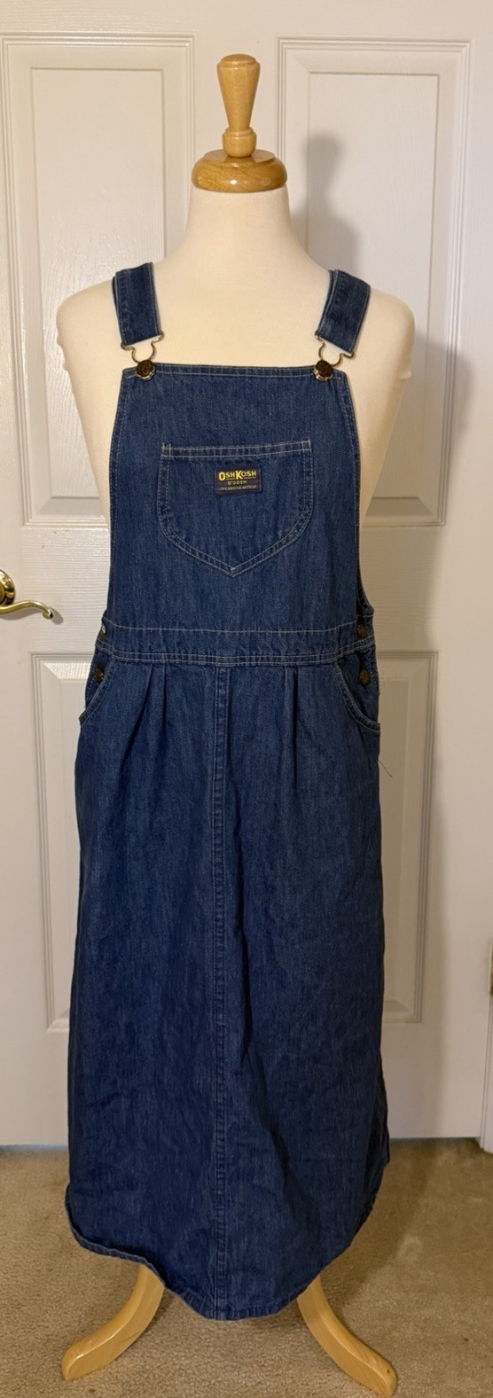 Vintage Oshkosh Jean Denim Bib Overall Dress USA Made Women’s 12 Long Pockets