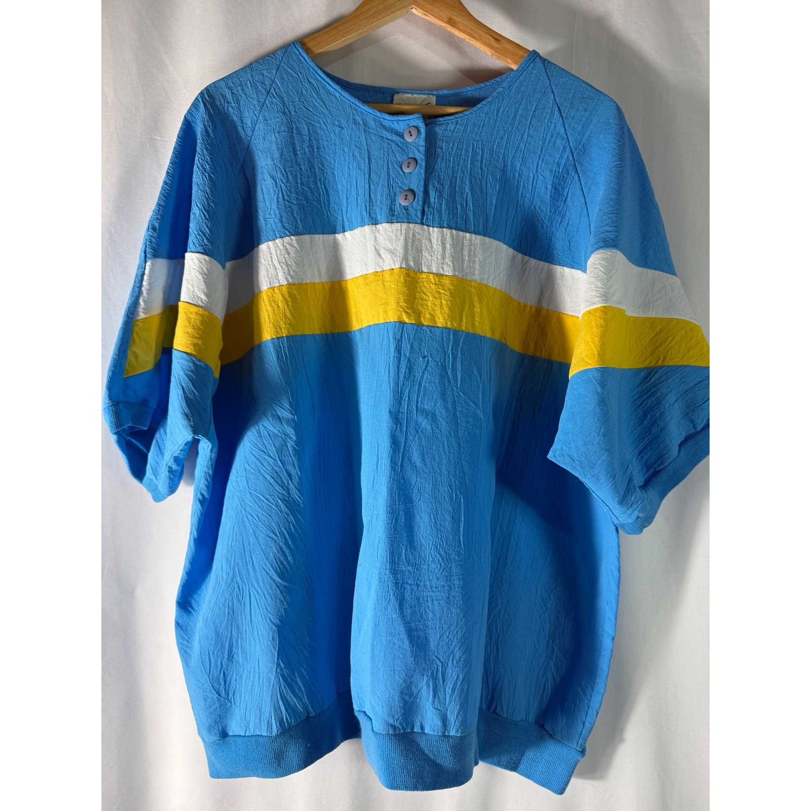 Orare Vintage Henley Top Blue Yellow White Striped Short Sleeve Made in USA