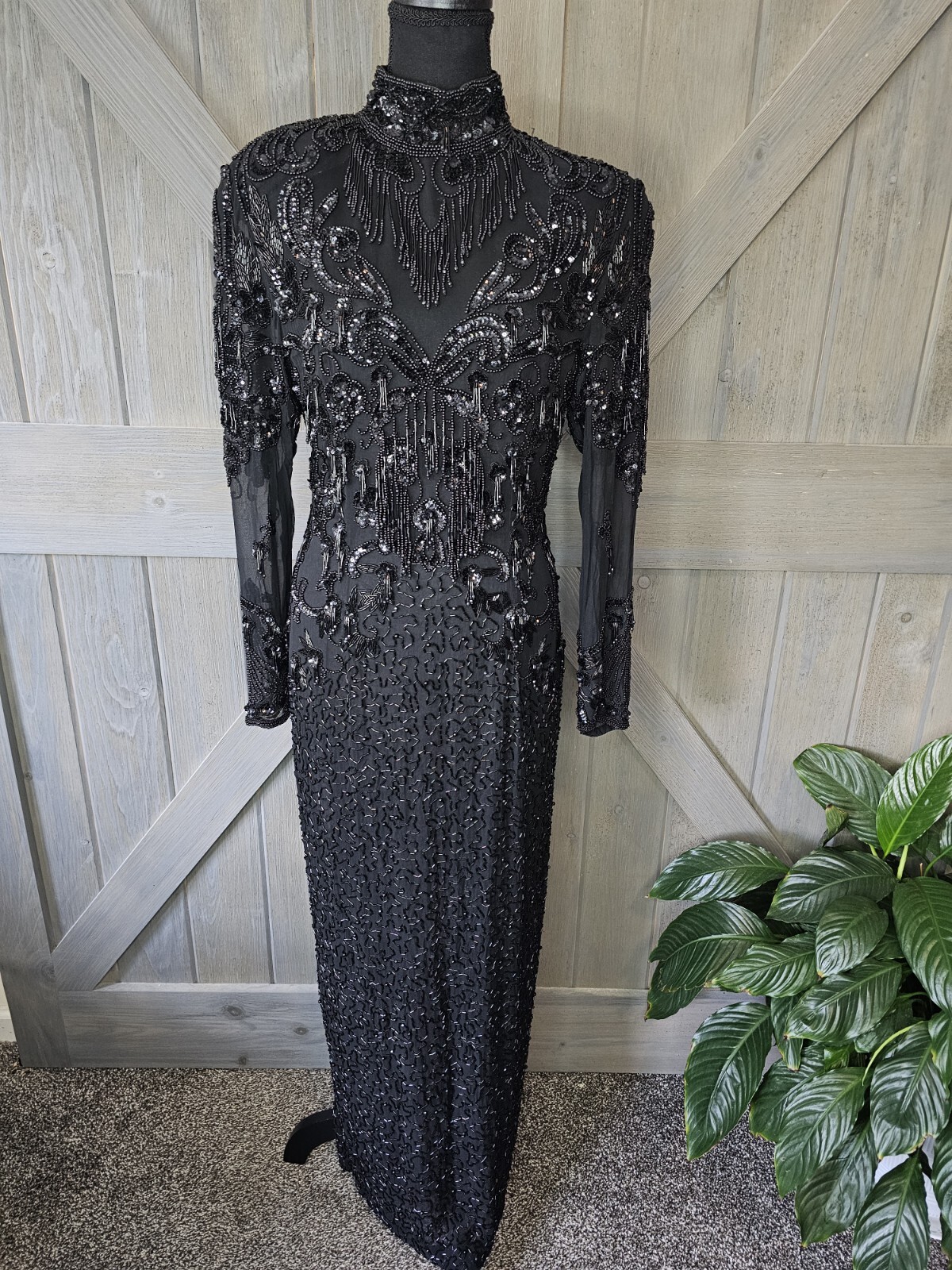 1980s D’ore Silk Sheer Beaded Dress sz 10