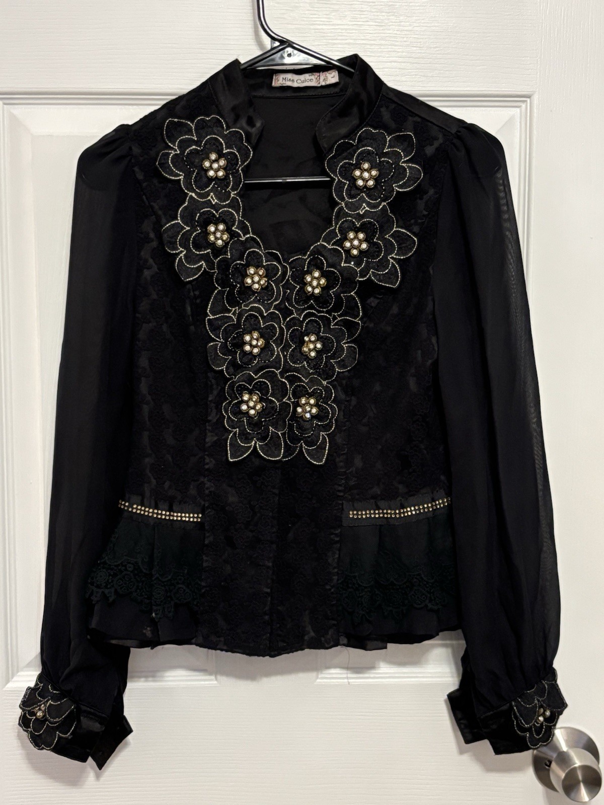 Vintage Victorian Black Jacket Embellished Lace Blouse Appliqué Beads Sequins