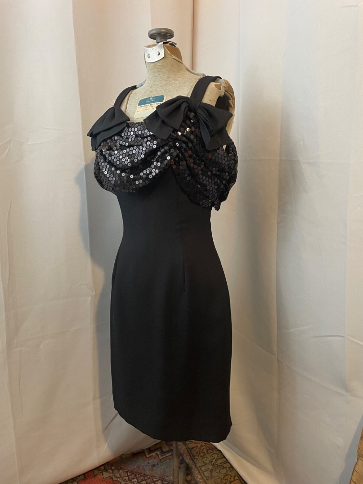 Black Sequin Mini Dress 1970s Vintage Disco Party Glam XS S
