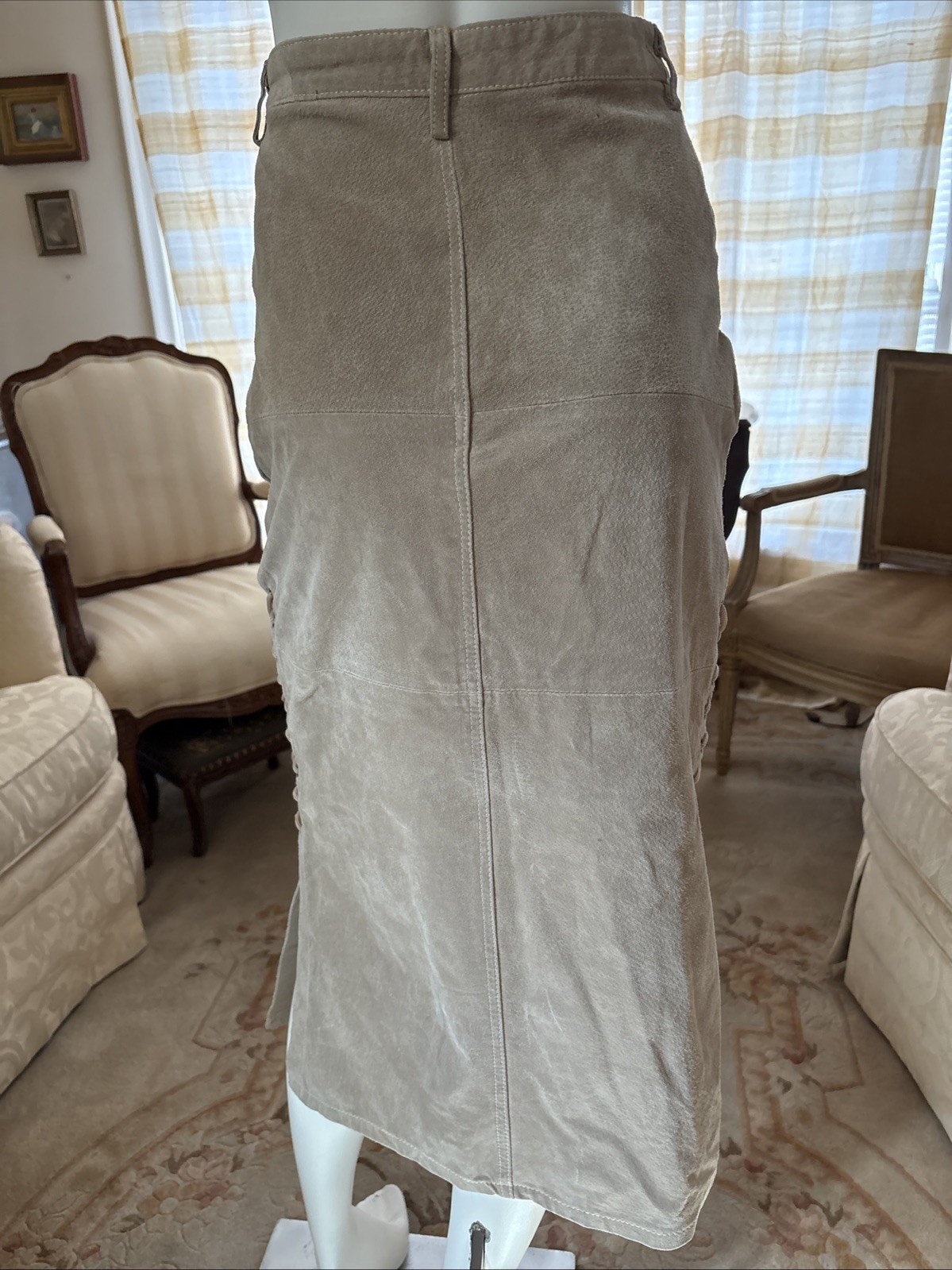 Vtg Neutral Zone Tan Suede Genuine Leather Pencil Skirt Lined Pockets Slits Sz 5