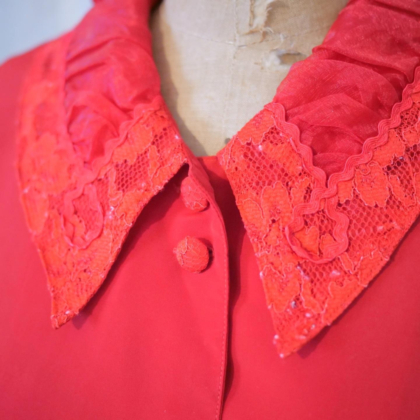 Vintage 60s OLEG CASSINI Burma Mod Red Blouse Top Lace Organza Portrait Collar M