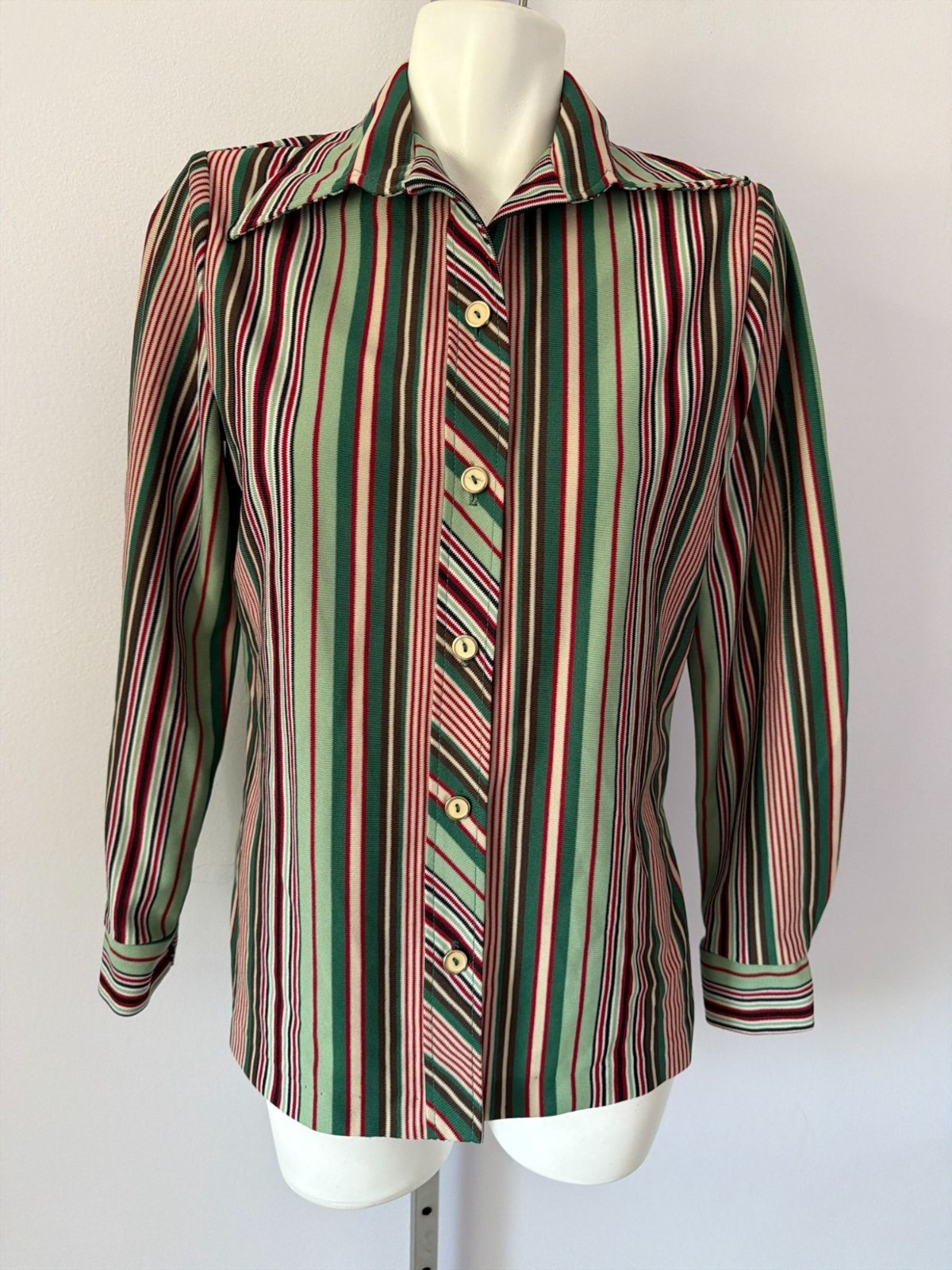 Vintage 70s Retro Green Striped Dagger Collar Secretary Disco Blouse Womens Med