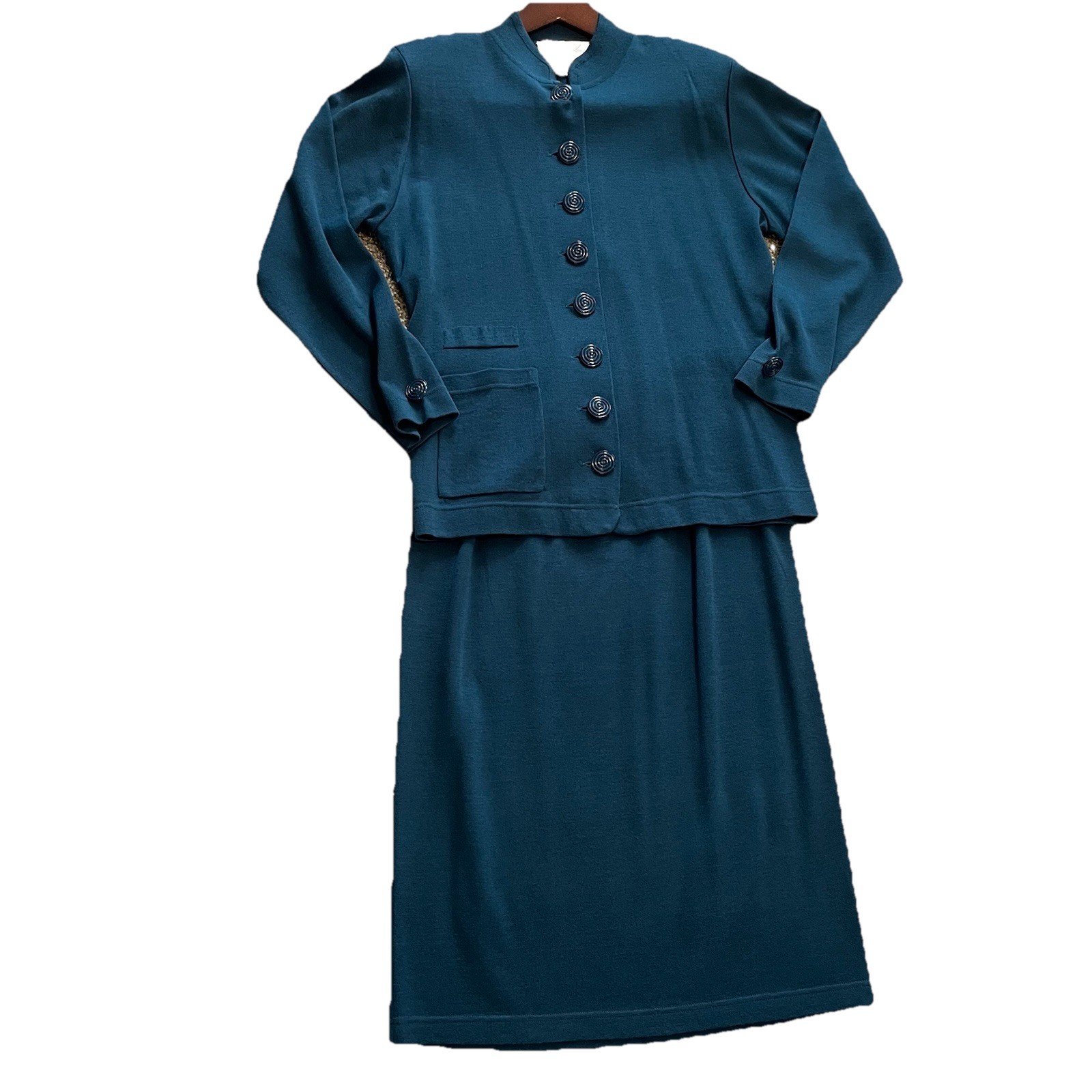 Vtg Schrader Knit Wool Blend Suit Women’s 12 Teal Bluegreen Midi Quiet Luxury