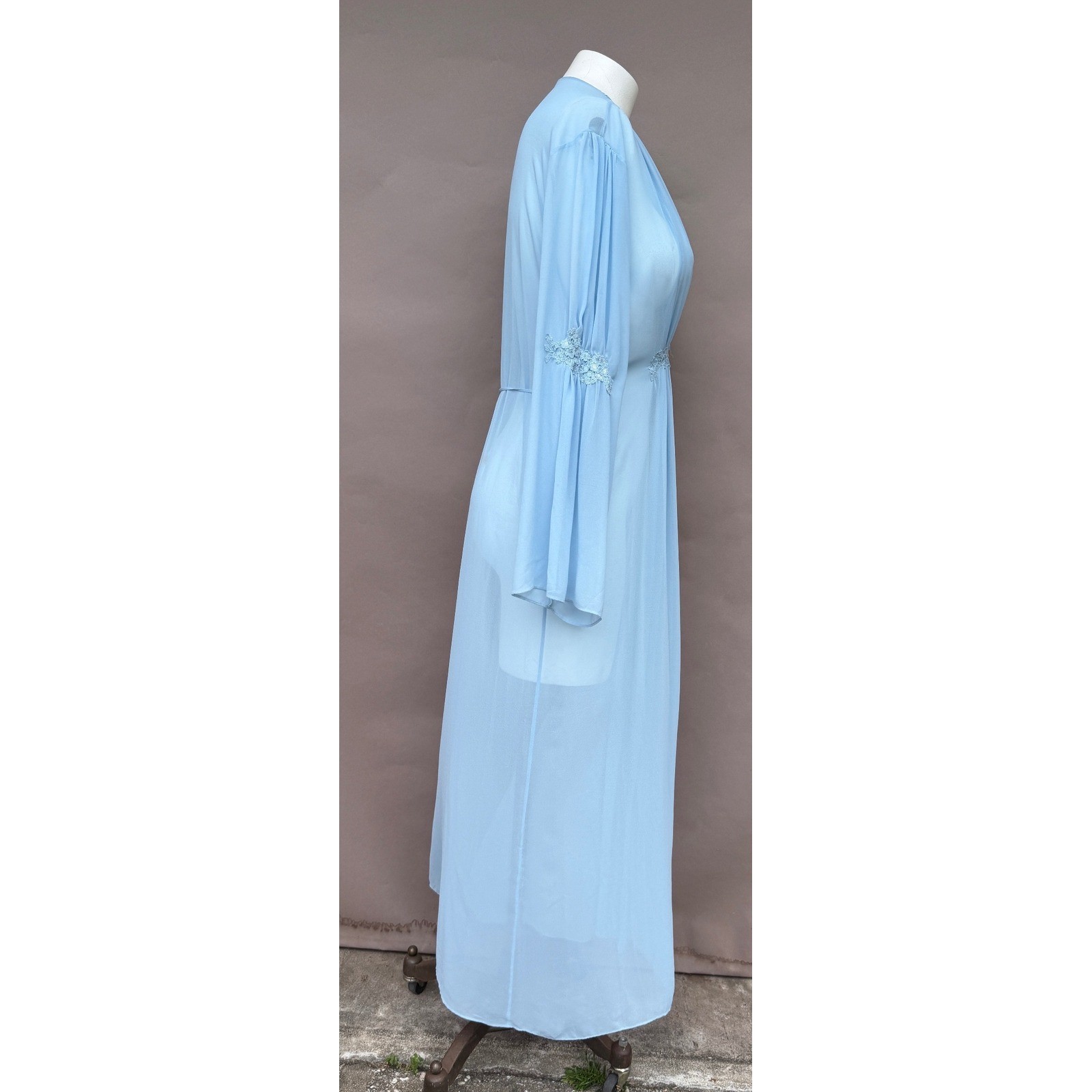 Vintage Blue Sheer Chiffon Maxi Robe Lace Bell Sleeve Button Hollywood Large