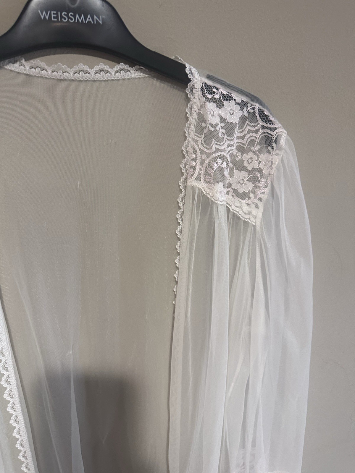 vintage Sheer White Robe With delicate lace details on the neckline and cuffs.