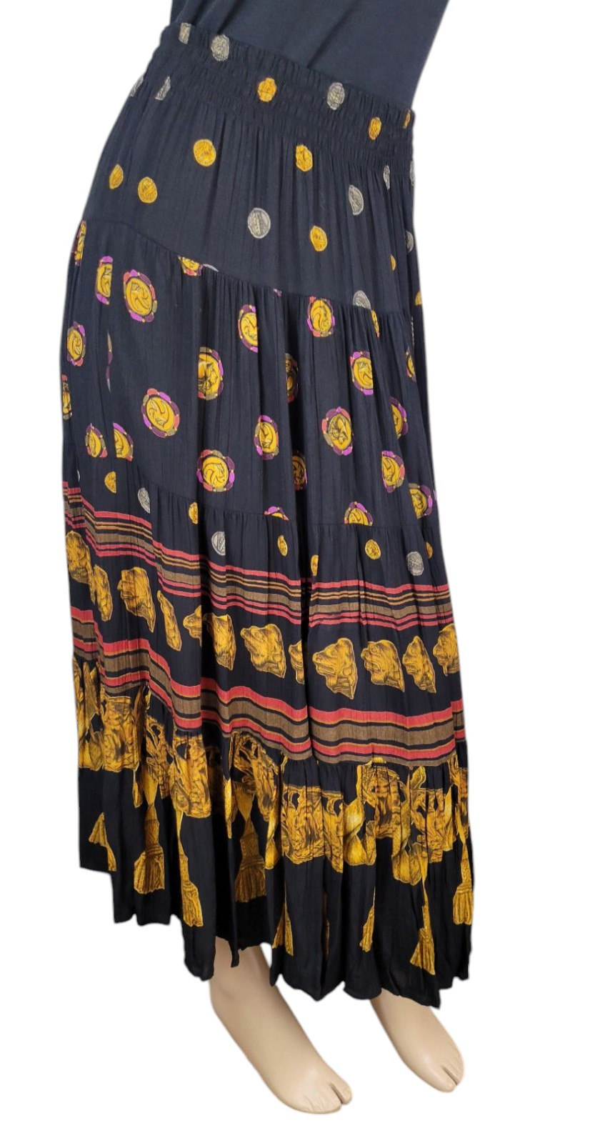 Vtg CL Carole Little Black Gold Tassel Etruscan Revival Gauze Skirt Top Set 8/10
