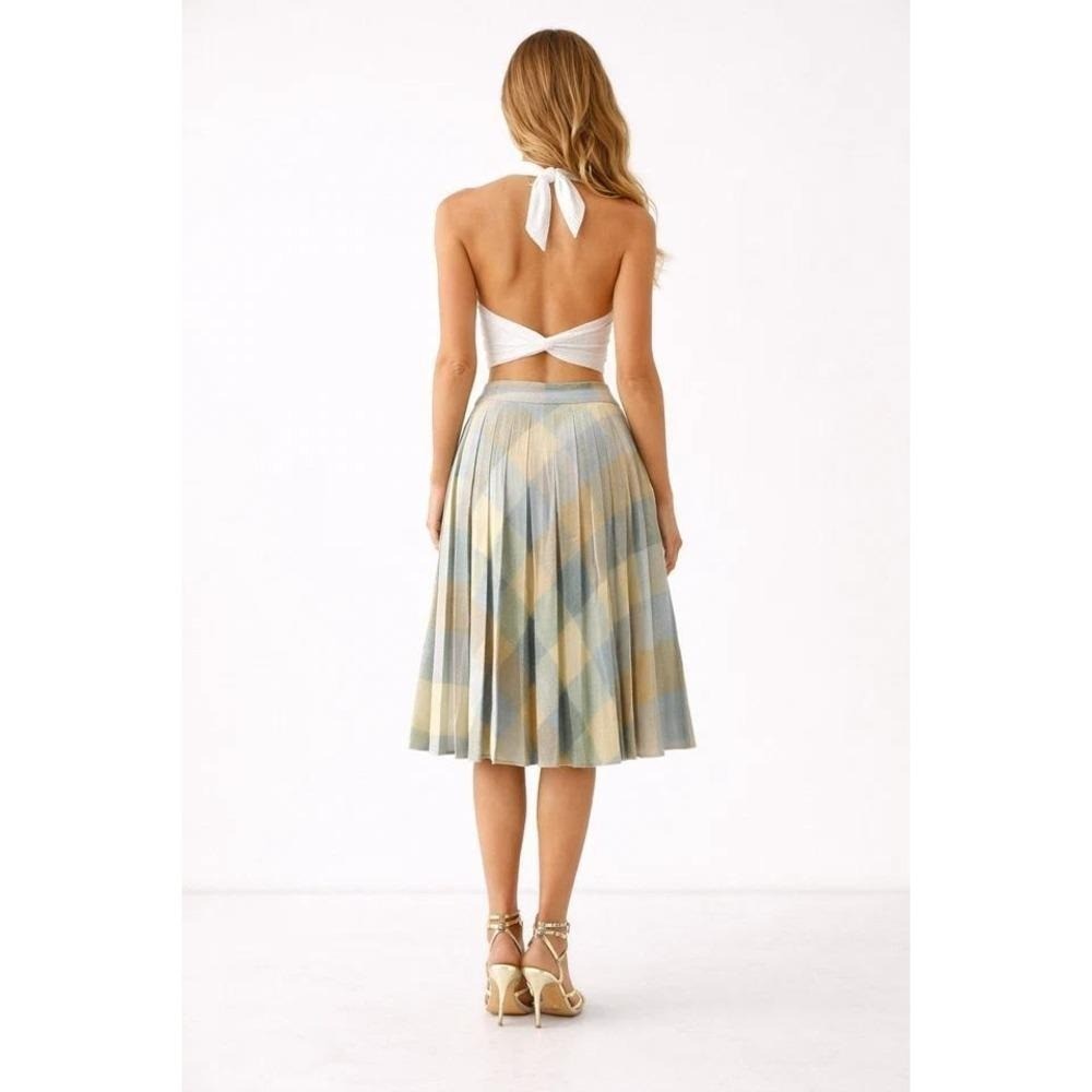 70s Vintage Wool Plaid Skirt Light Blue A Line Accordion Pleat Womens S Pastel