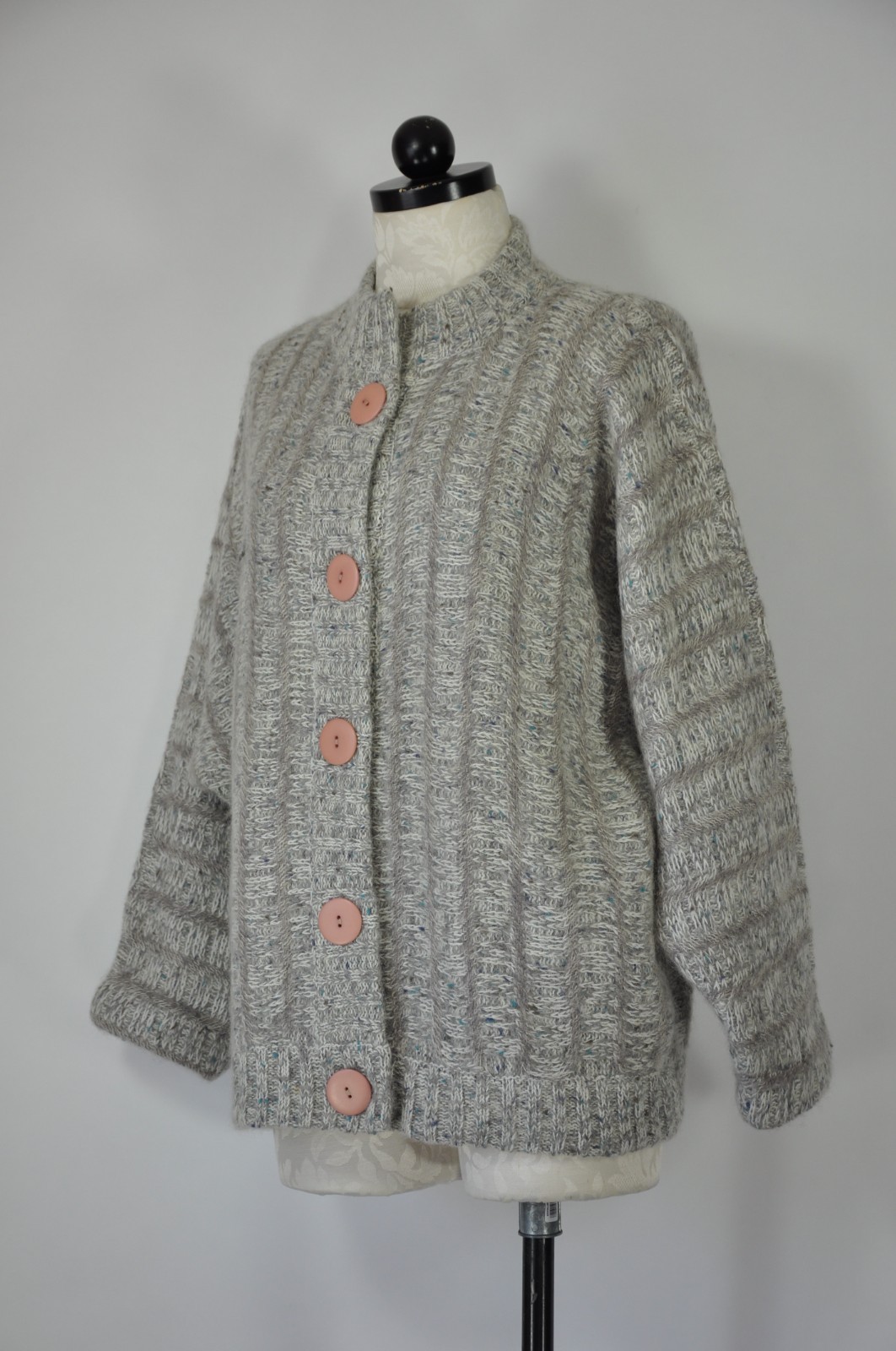 80s Vintage Gray Fuzzy Wool Mohair Buttoned Cardigan Sweater Jacket Women L XL