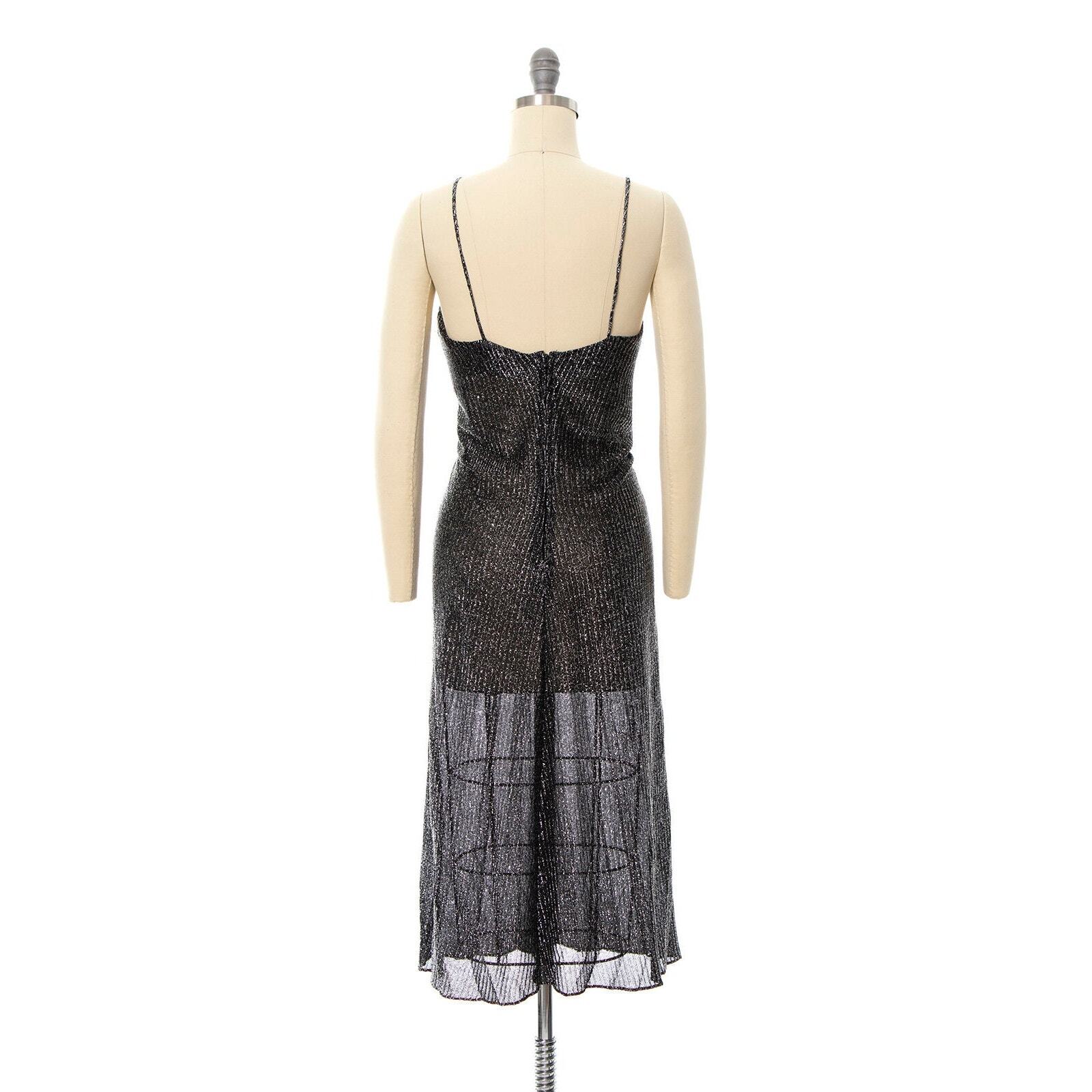 Vintage 1980s Party Dress 80s Metallic Black Silver Travilla Pleated Cocktail