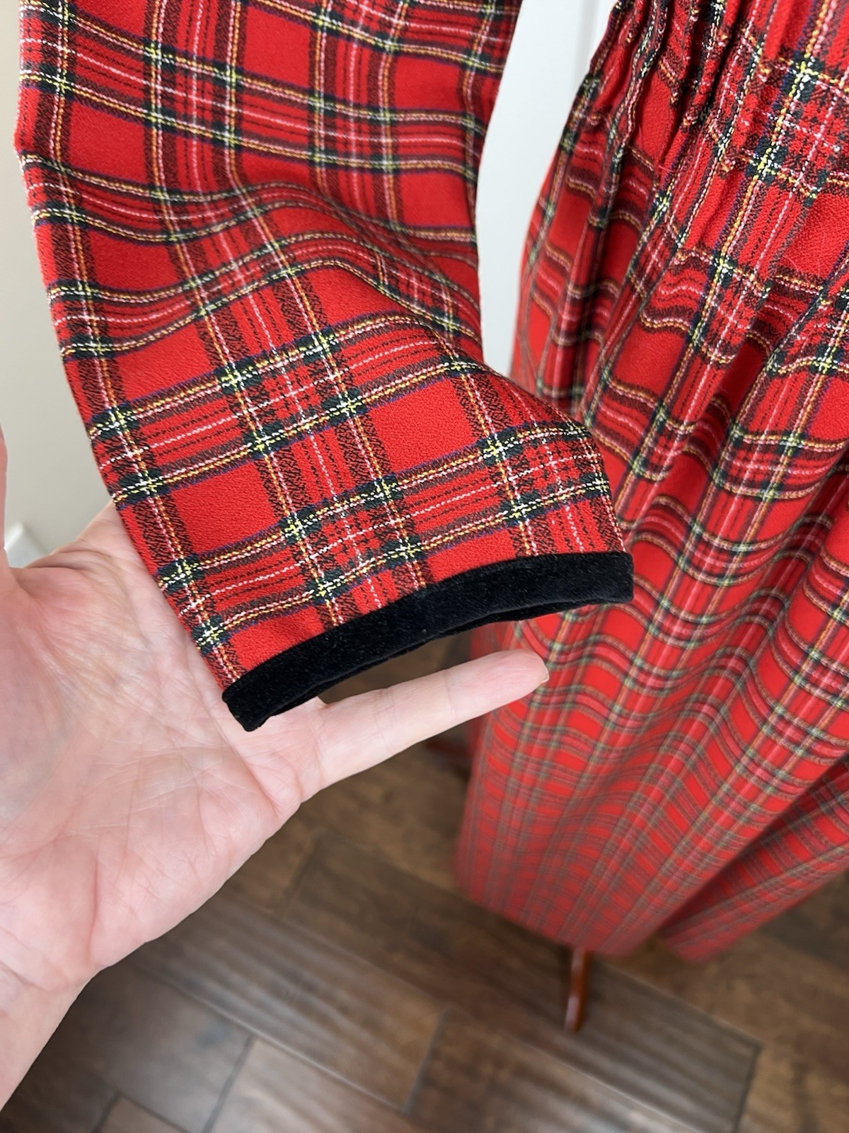 Vintage 80’s Misty Lane Red Tartan Plaid Maxi Dress Velvet Collar USA Union Made