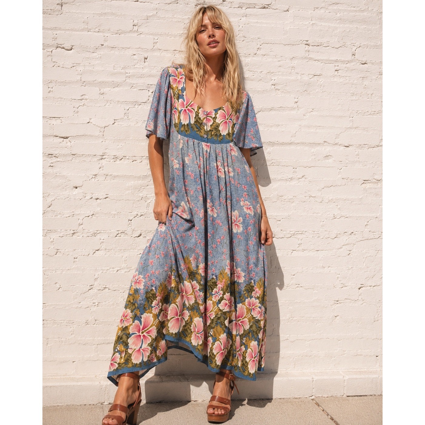 Vintage Hawaiian Floral Muumuu Maxi Dress Blue Pink Hibiscus House Dress XL