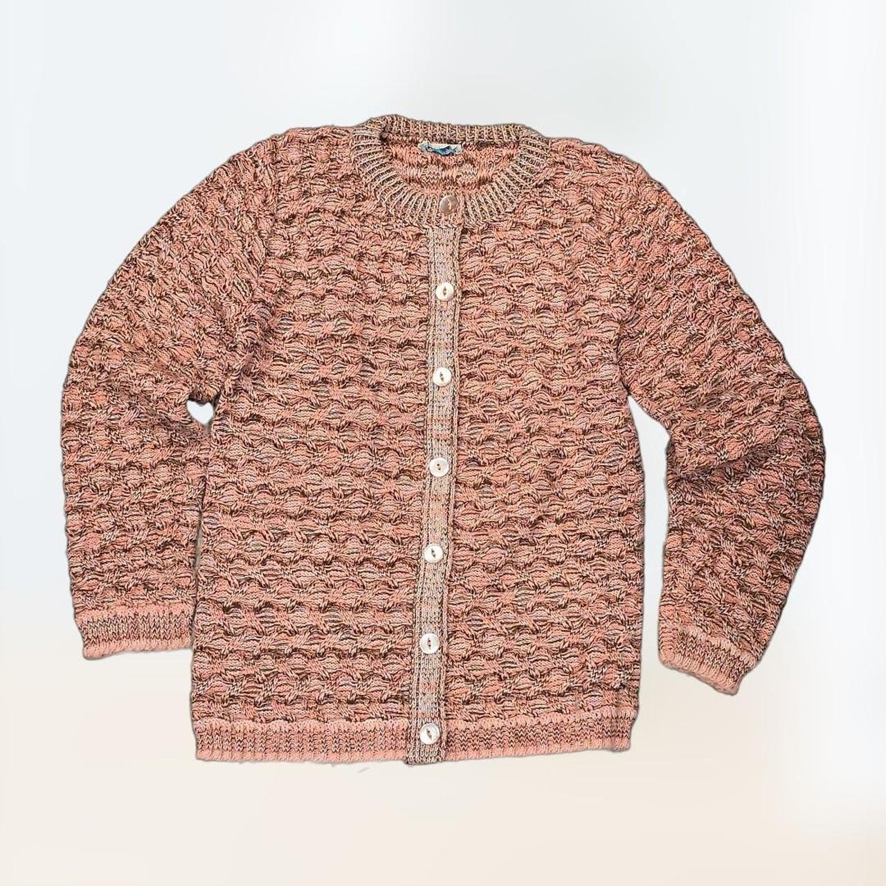 Vintage 60s Acrilan Heriglic Textured Knit Cardigan Sweater Peach Pink S/M