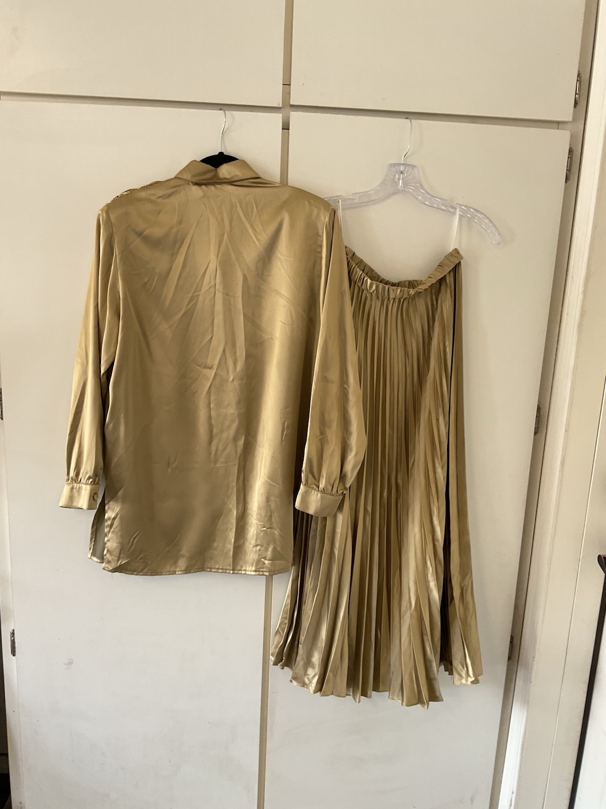 Vintage Gold Satin Finish Long Sleeve Blouse With Matching Long Skirt