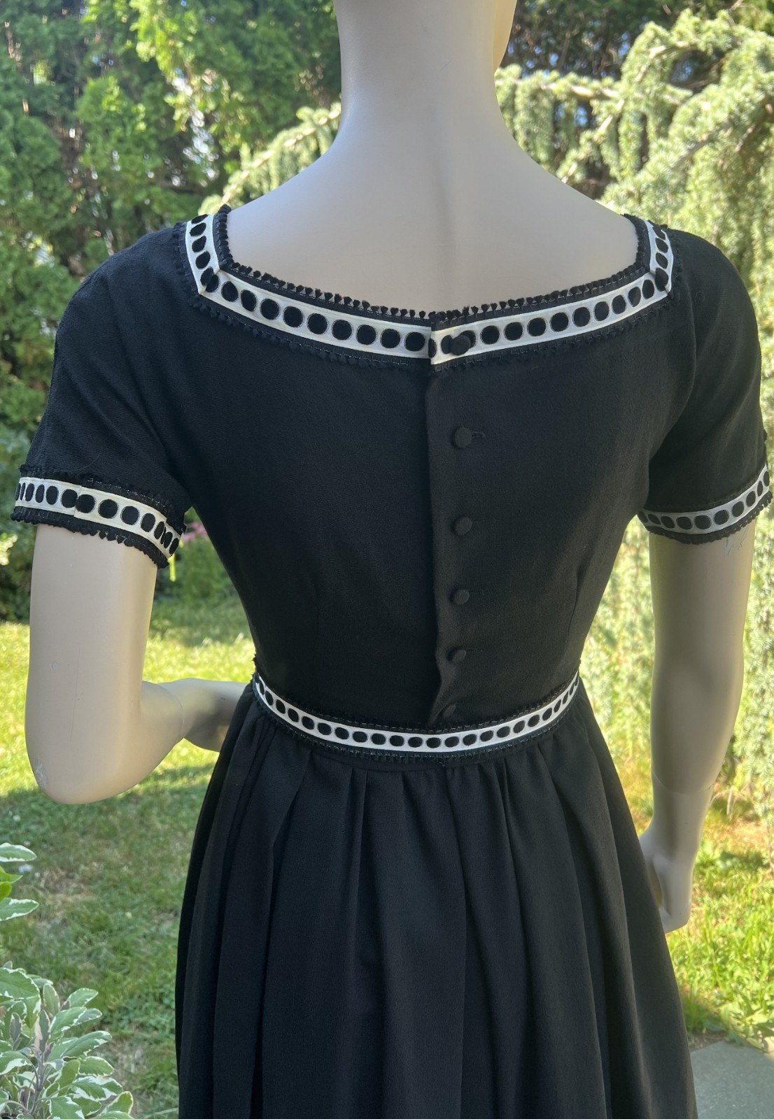 VINTAGE 1950’s BLACK WOOL DRESS W/ DOTTED RIBBON TRIM