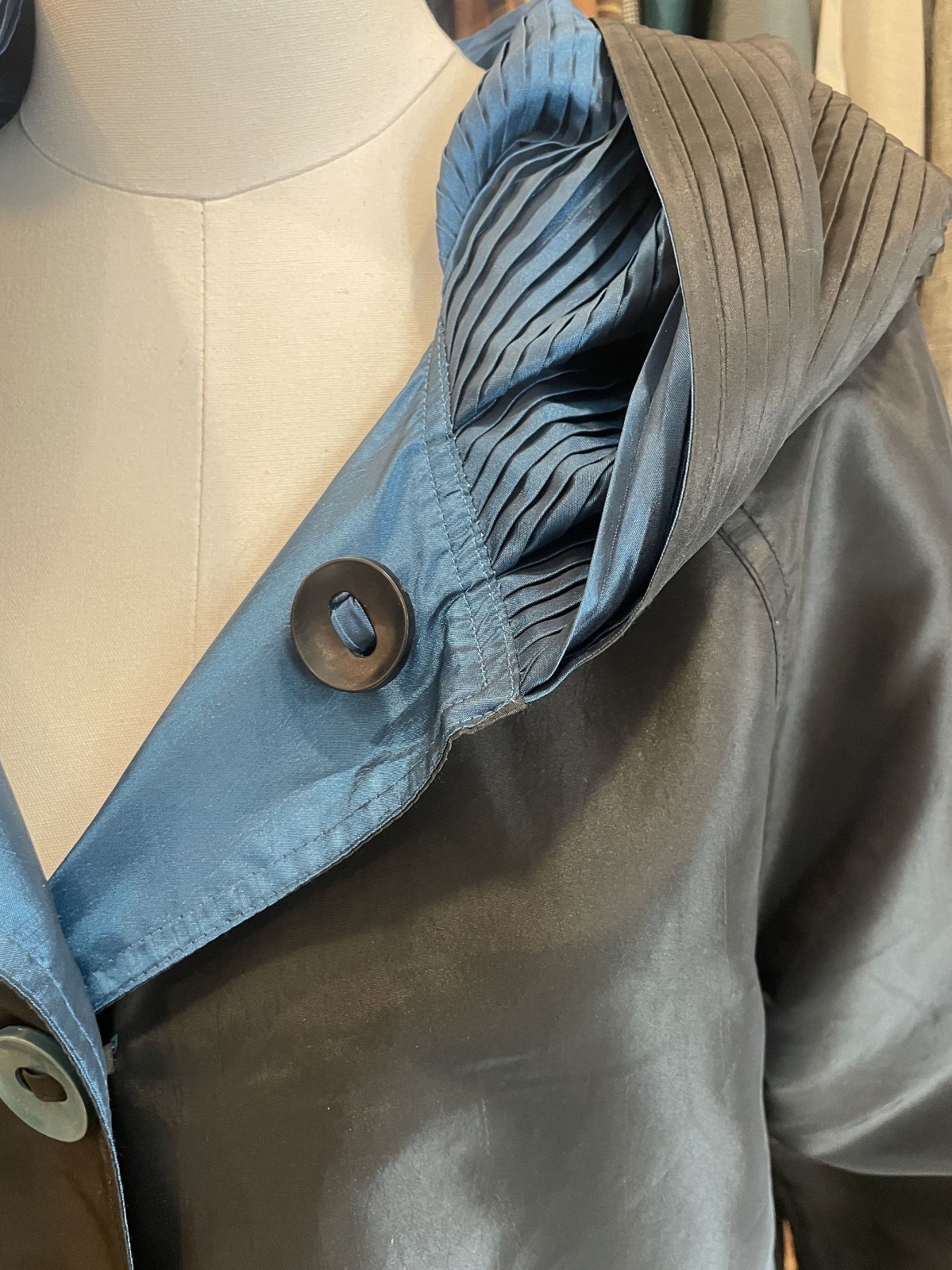 *Reversible* Blue and Black Windbreaker material long trench with pleated hood—M