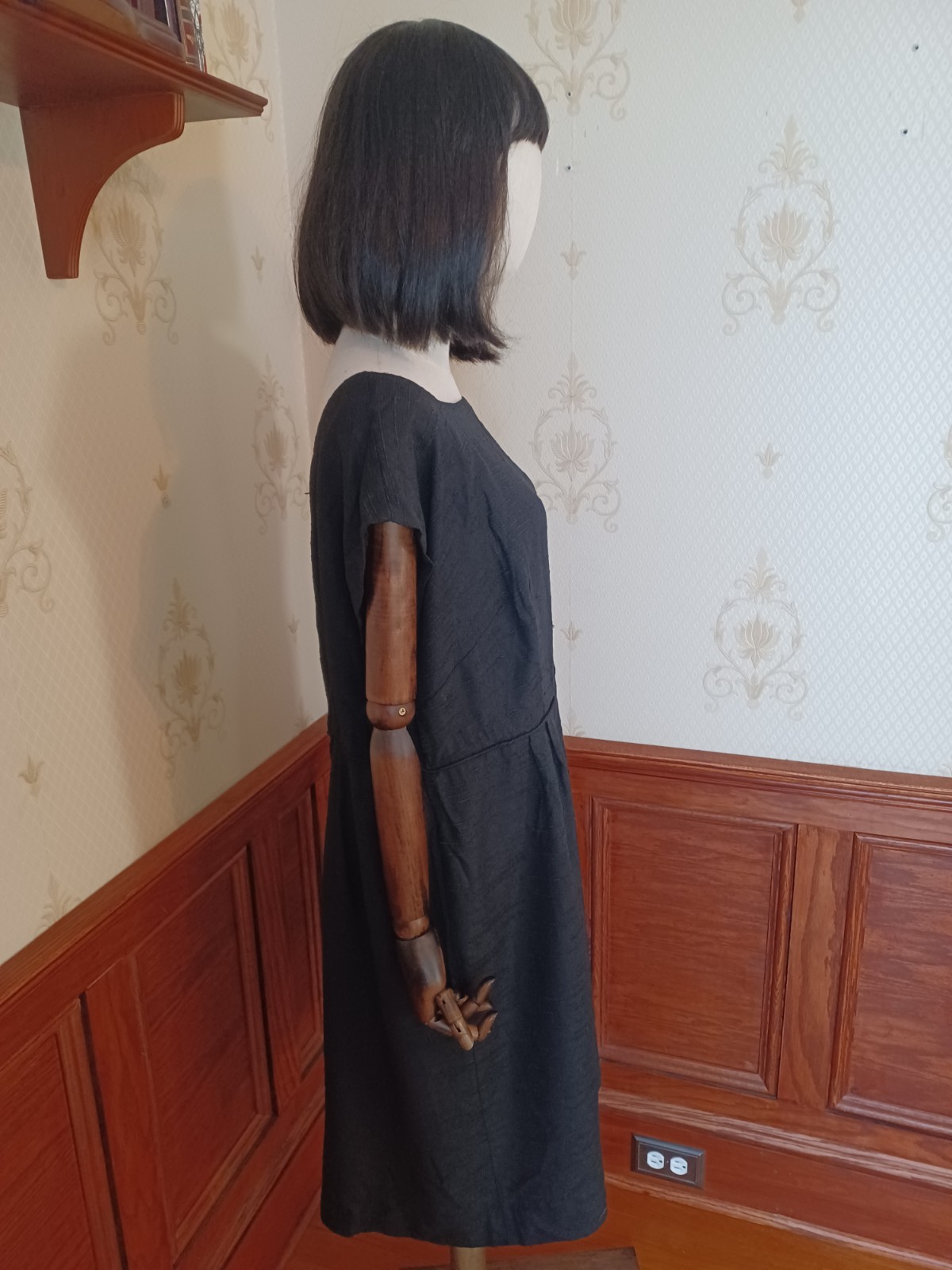 Vintage Mid-century Slubbed Black Cotton Little Black Cocktail Dress, size XL