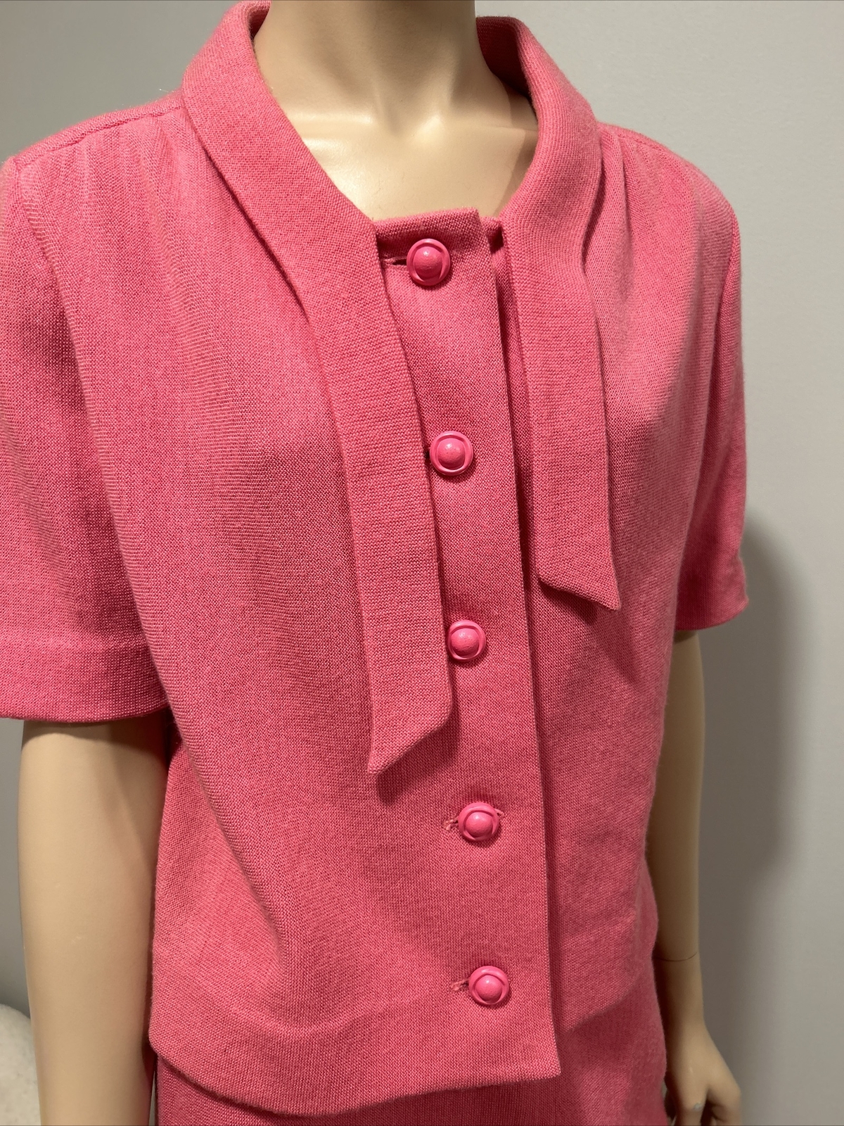 Vintage 50s 60s Womens 2 Piece Set Shirt Top Atomic Retro Skirt Wool Pink