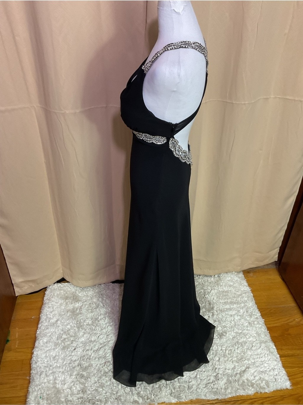 Faviana Couture Vintage Black Maxi Evening Gown with Silver Beaded Trim