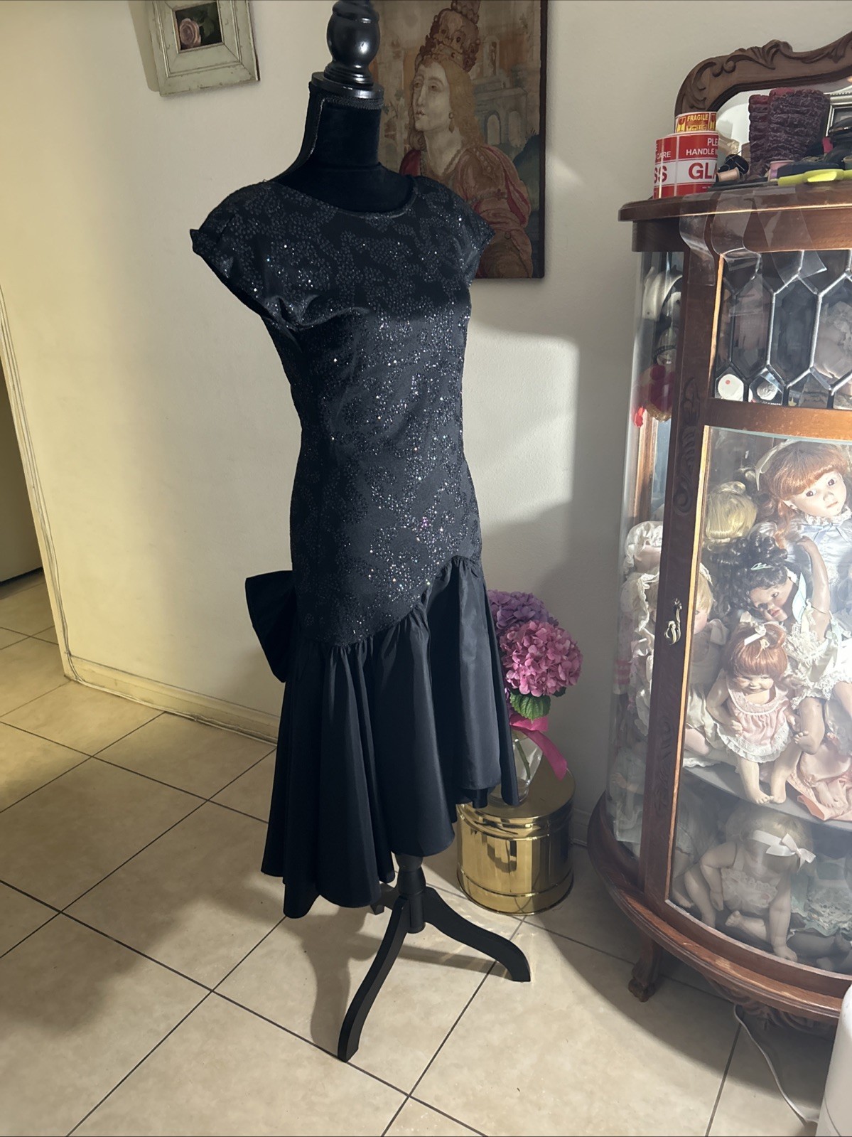 70s VNTG~Zum Zum~Bow In The Back Evening Dress~Sz 7~Black Glittery Top~Hi-Lo Hem