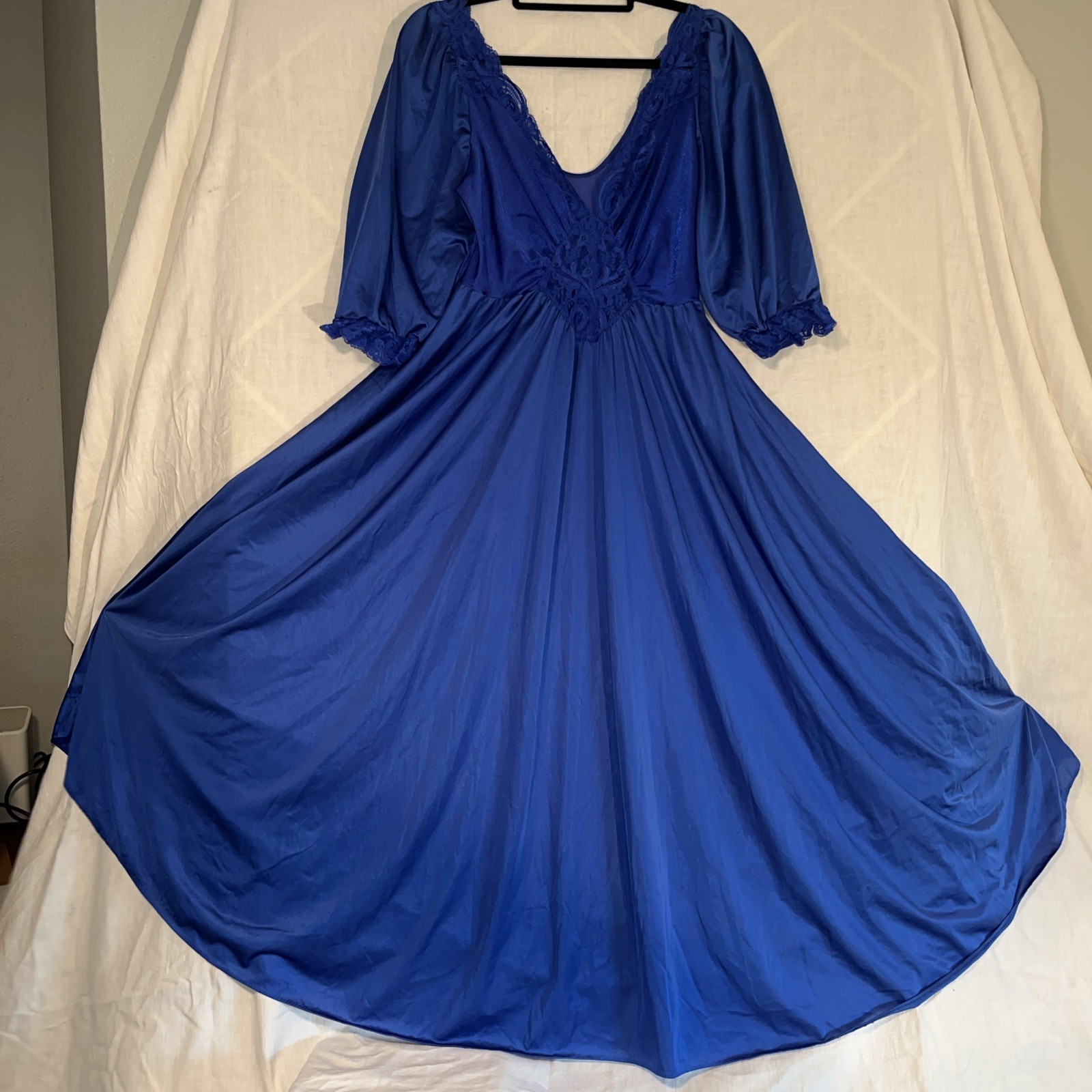 Vtg OLGA Fairy Full Nylon Nightgown Negligee w Inset Lace Blue XL
