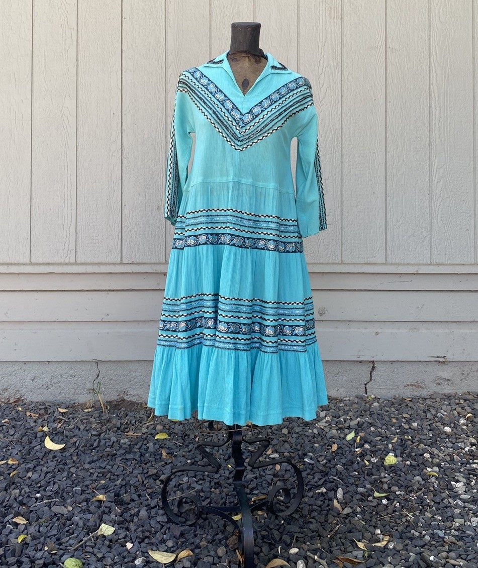 Vintage 1950s Western Patio Fiesta Dress Ric Rac Crinkle Cotton Ranchwear 34/36W