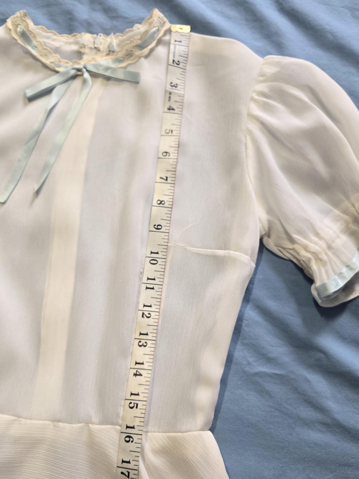 Vintage Simple White Puff Sleeve Circle Skirt Dress with Blue Ribbon Handmade