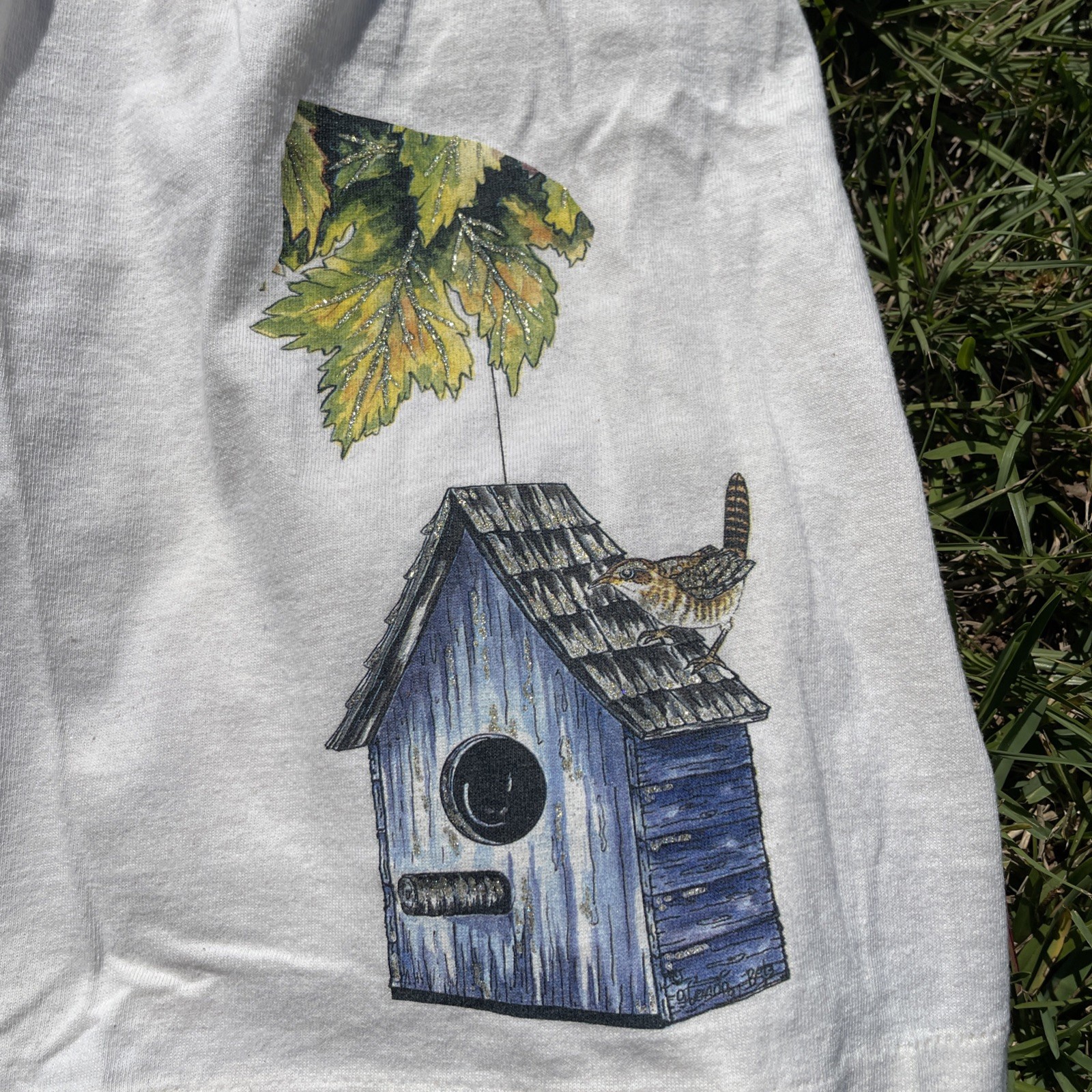 VTG Bird House T-Shirt And Shorts Set Single Stitch XL Glitter Beige