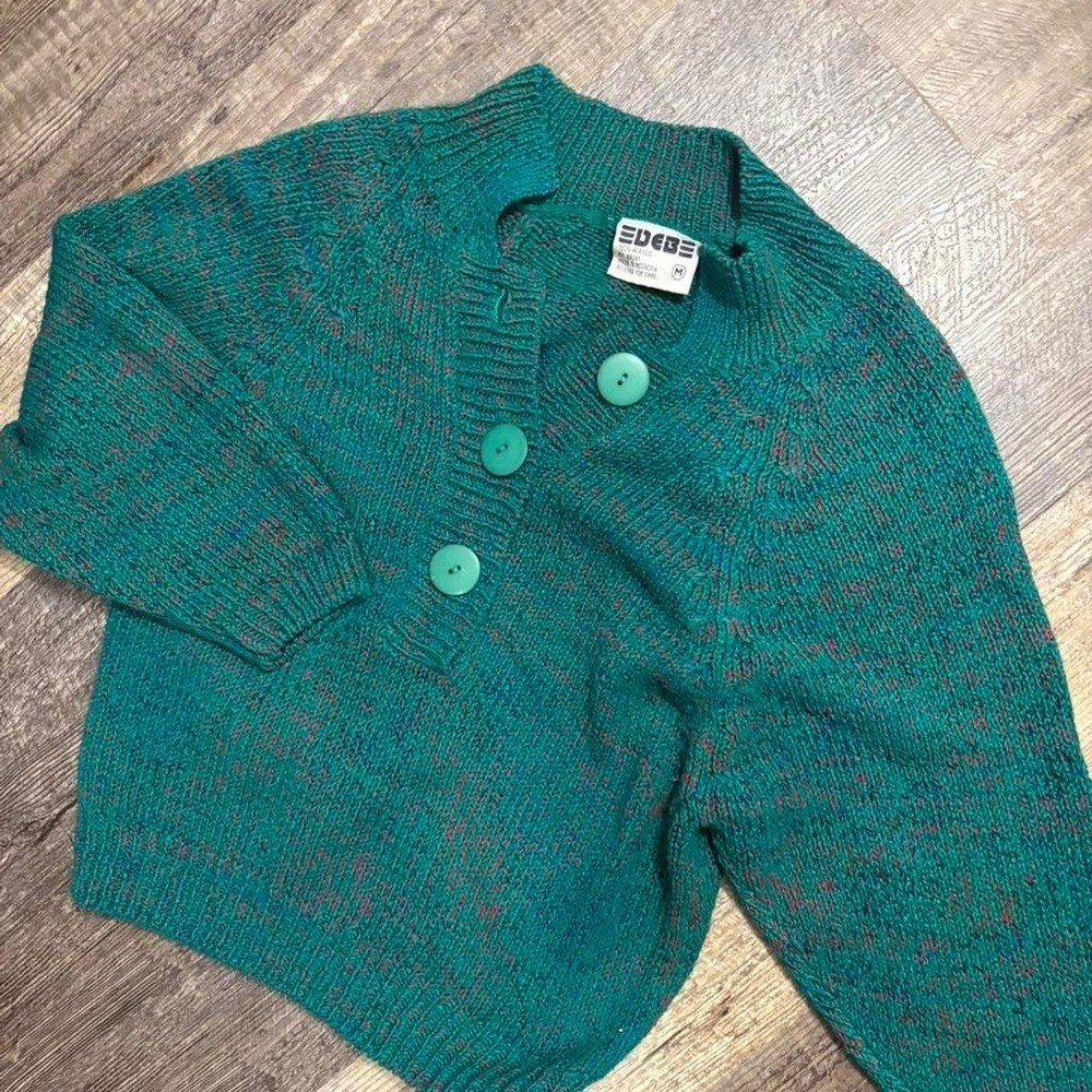 Vintage 1990s Y2K DEB Teal Marled Knit Cardigan Sweater Size Medium