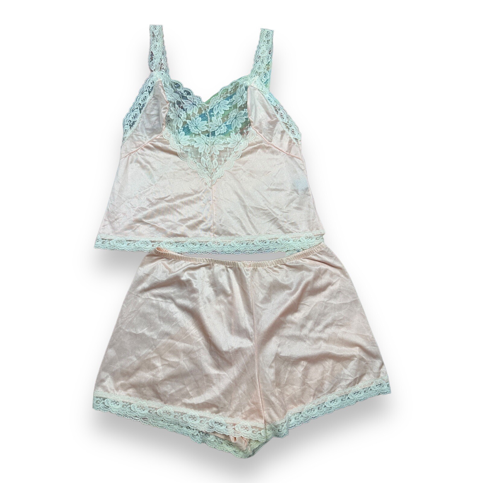 Vtg Lady Cameo Dallas Pale Pink Satin Lace Coquette Camisole Shorts Set Size M