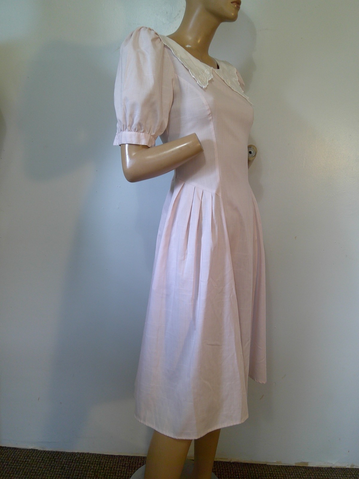 Vtg 80’s Garden Party Modest Style Pink Drop Waist Puff Slv Lace Collar Dress 8