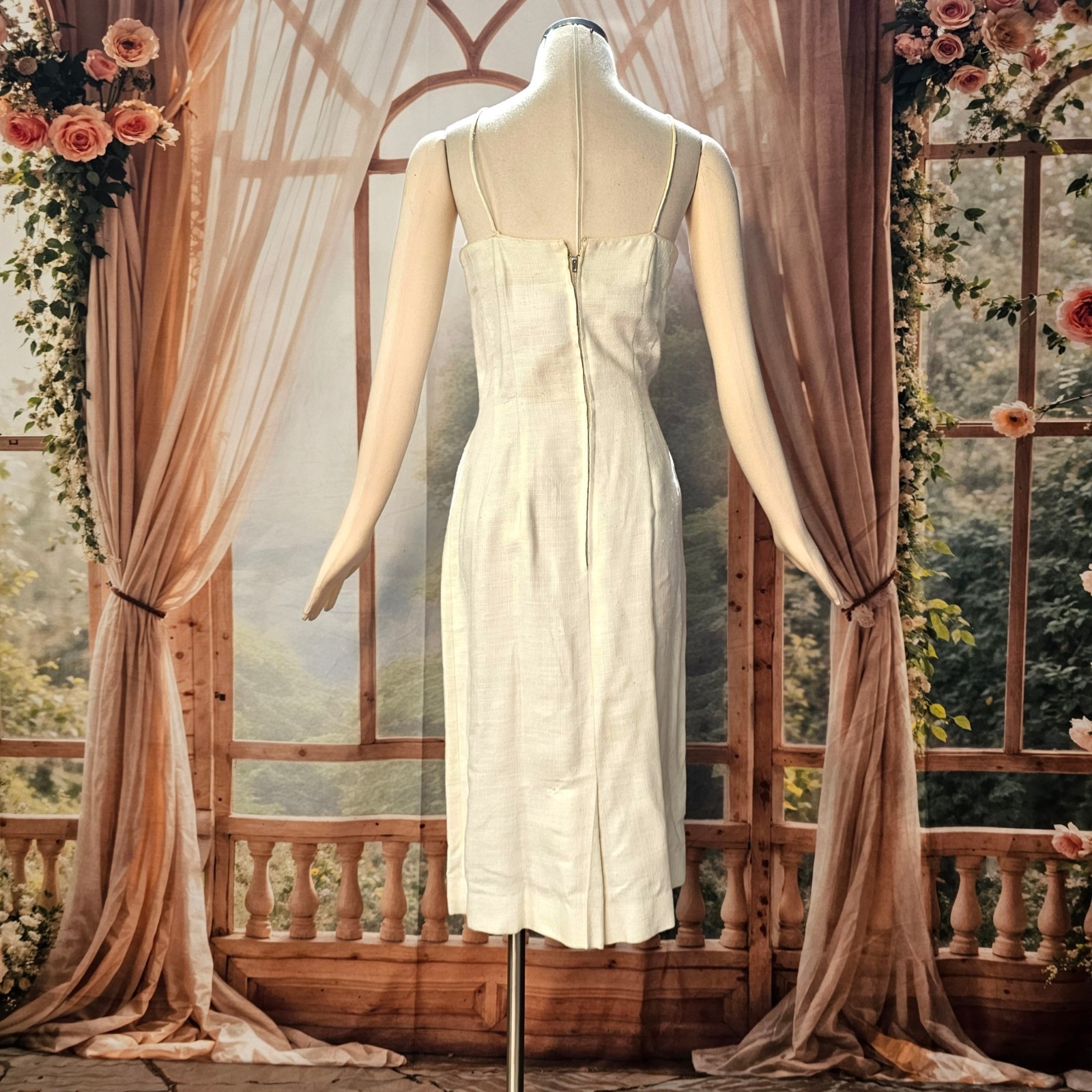 Vintage 1960’s Dress Shift Mod Cream Orange Beads and Rhinestone Embroidered