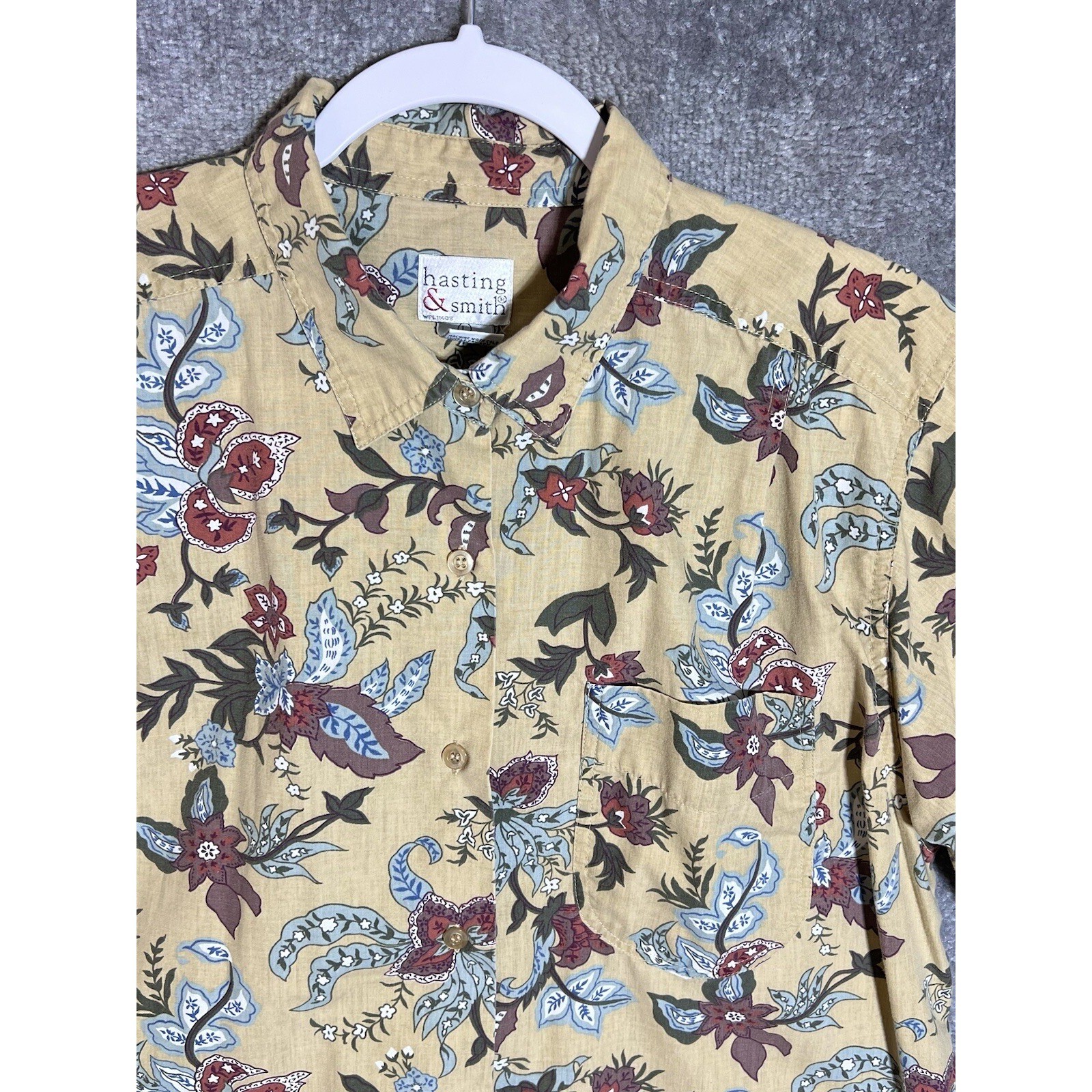 Vintage Hasting & Smith Button Up Top Womens Size Large Tan Floral Short Sleeve