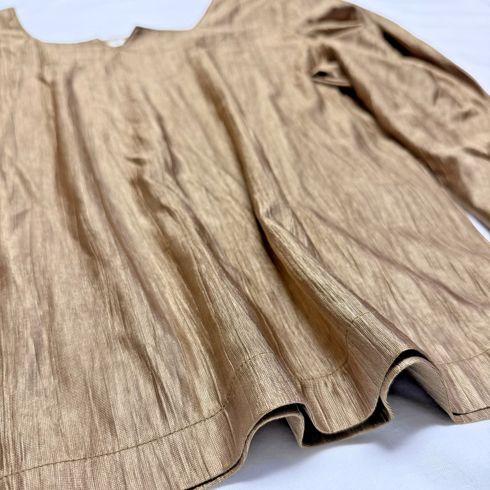 Vintage 90s Made in Japan CREA Bronze Gold Micro Pleated Metallic Top Blouse S/M