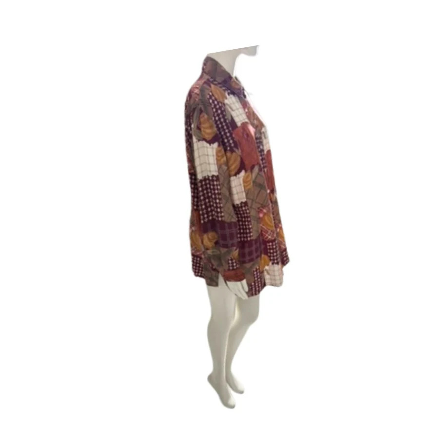 Patchwork Print Shirt Blouse Burgundy Multi Size 16 – Vintage