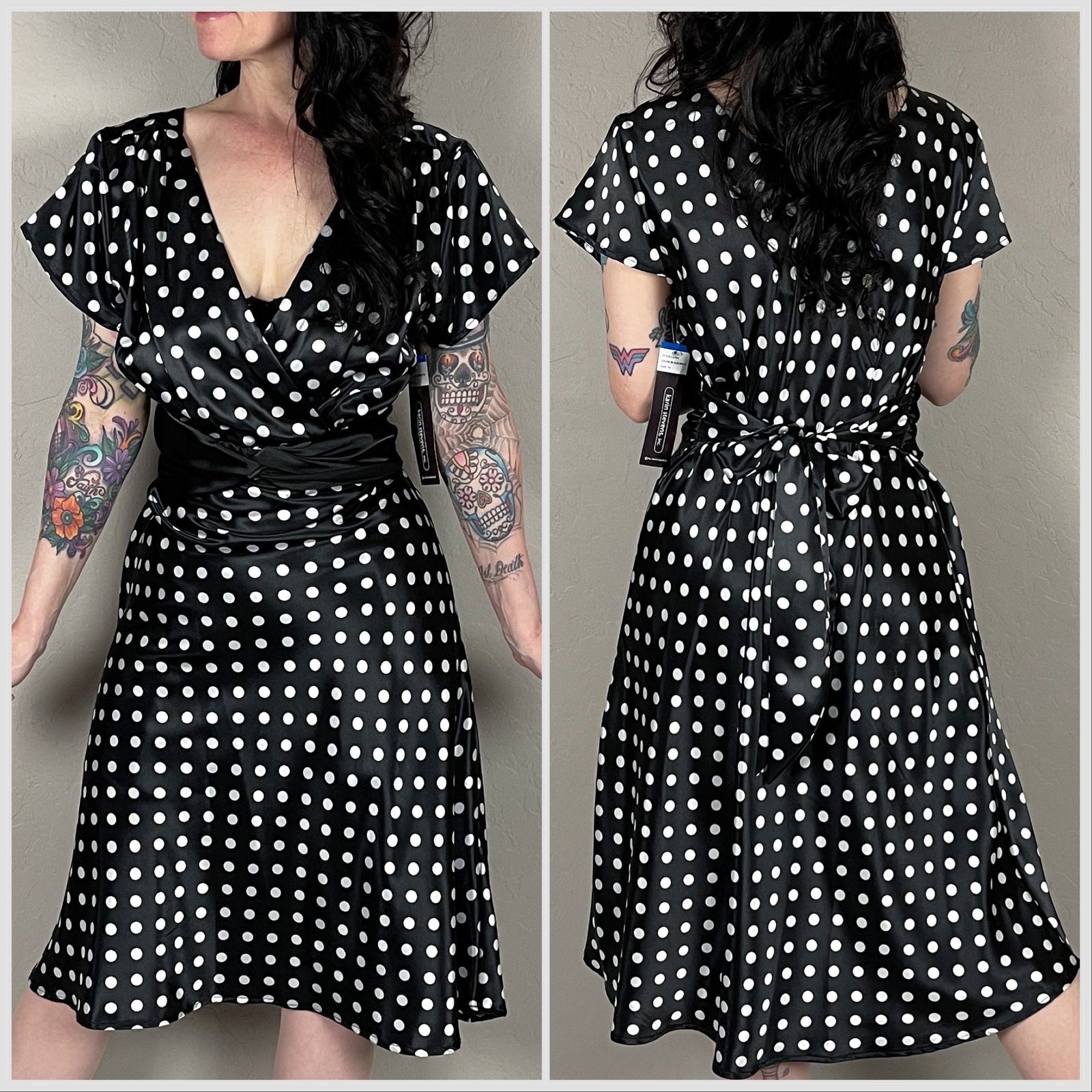 Vintage Y2K Black & White Polka Dot Tie Back Satin Dress – 32″ Waist