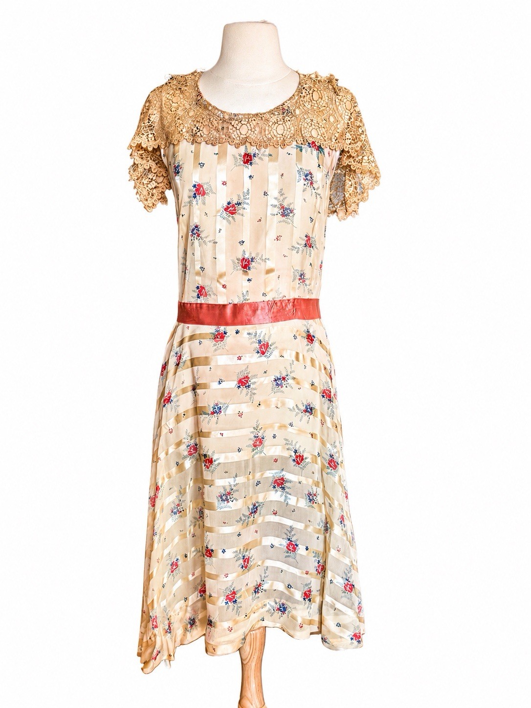 Vintage 1920s Paramount Studios Silk Floral Ribbon Stripe Day Dress 20s Antique