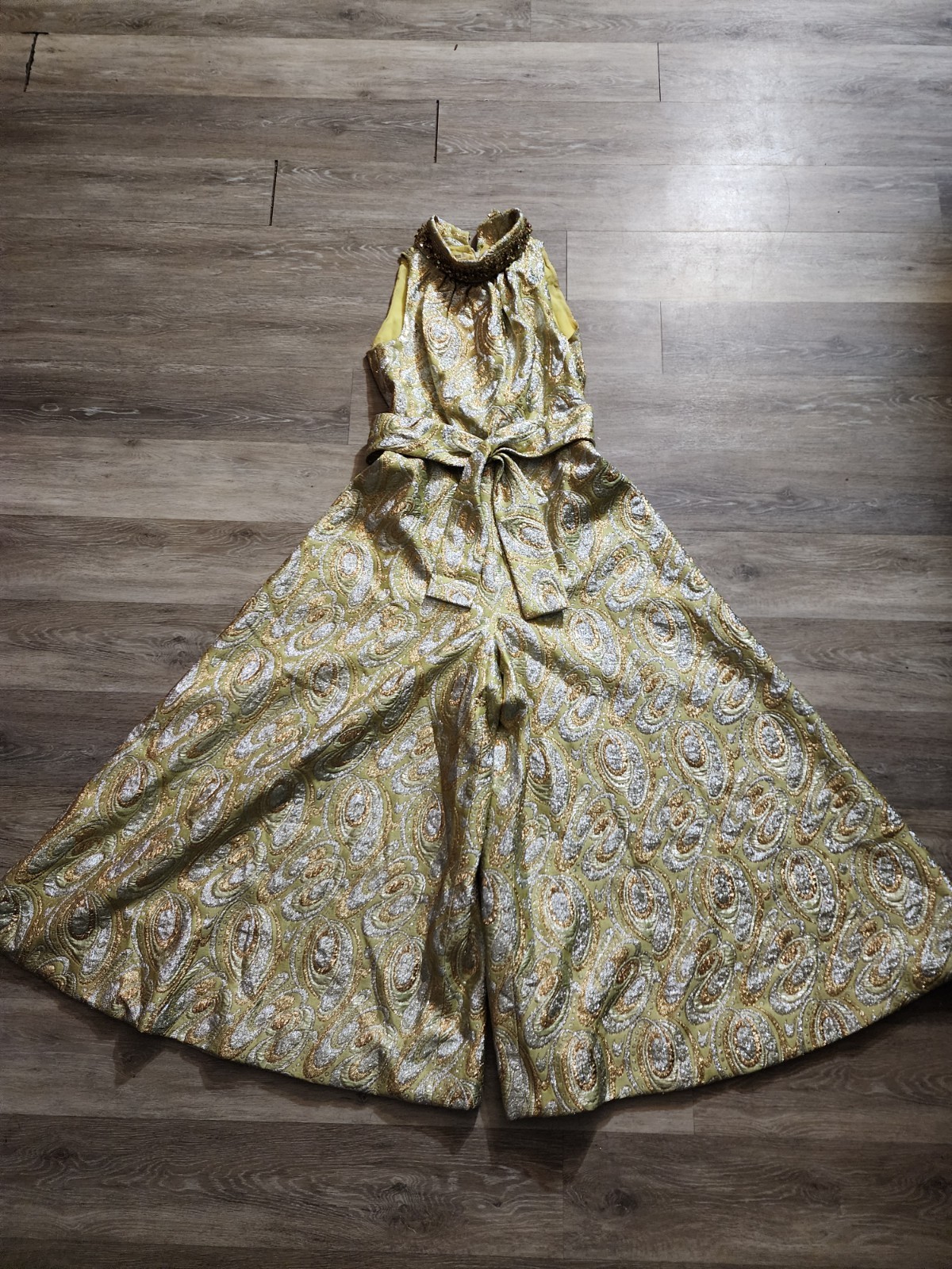 Vintage Gold Metallic Lame’ Brocade Wide Leg Palazzo Jumpsuit by Kent Originals