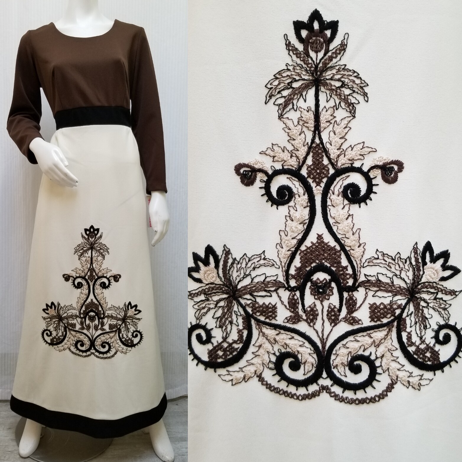 NWT Vintage TONI TODD Ivory Brown Embroidered Maxi DRESS – Size M/L