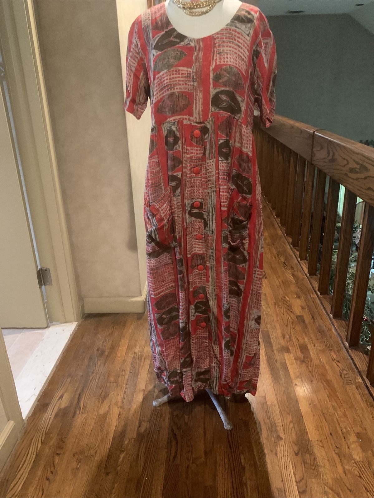 VINTAGE RABBIT DESIGNS ROOMY BOHO SHORT SLEEVE POCKETS MULTI COLOR DRESS SZ. M